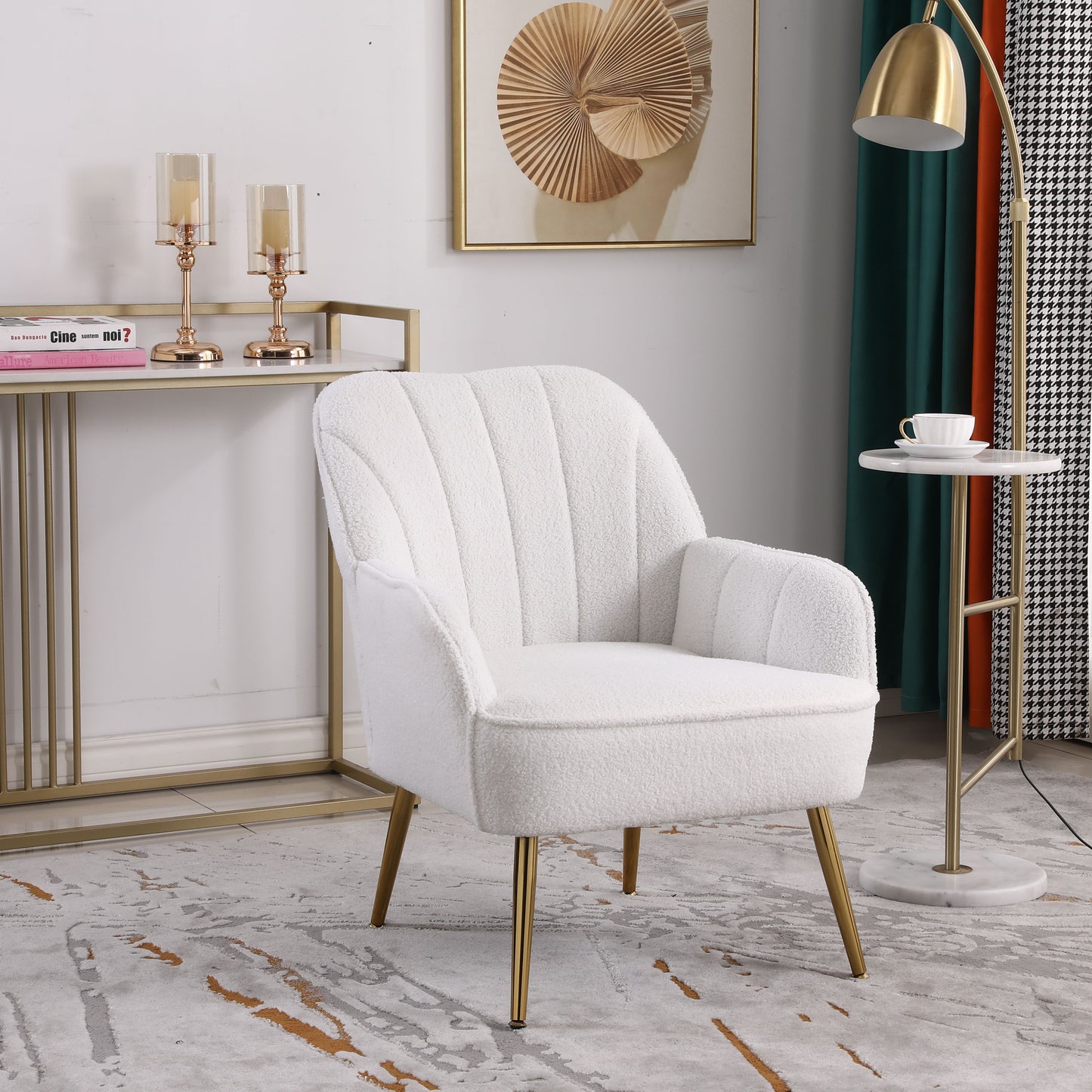 Sillón moderno y ergonómico de tela suave color blanco marfil para sala de estar, dormitorio, hogar, con patas doradas y patas ajustables para interiores.