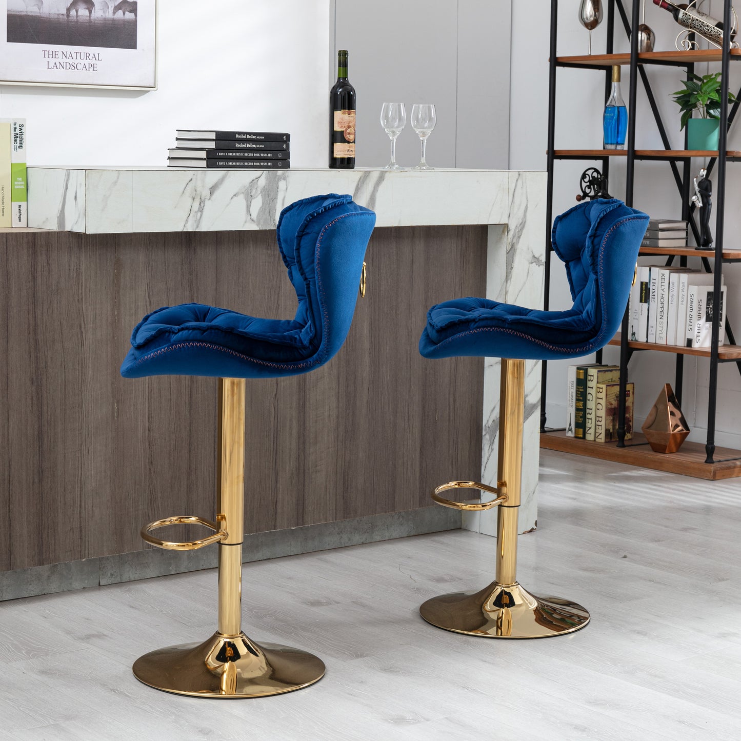 Set of 2 Bar Stools,with Chrome Footrest and Base Swivel Height Adjustable Mechanical Lifting Velvet + Golden Leg Simple Bar Stool-blue