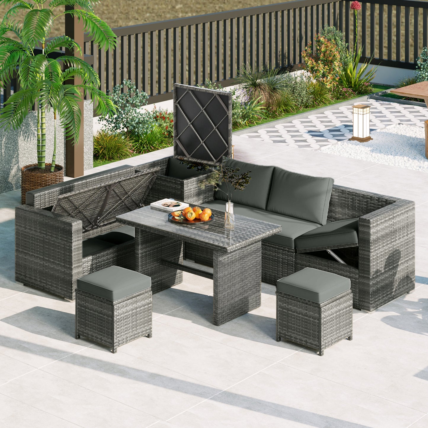 TOPMAX Outdoor 6-Piece All Weather PE Rattan Sofa Set, Garden Patio Wicker Sectional Furniture Set with Adjustable Seat, Storage Box, Removable Covers and Tempered Glass Top Table,Grey