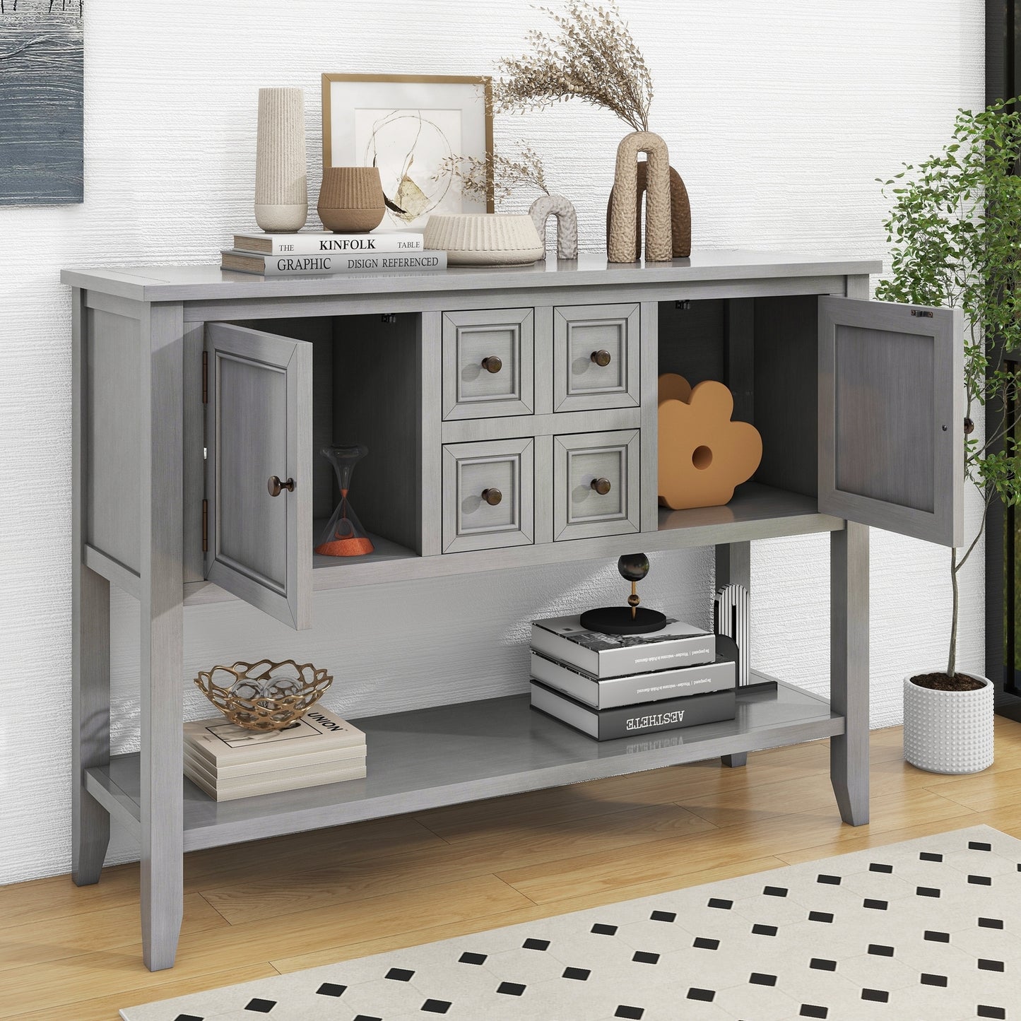 TREXM Cambridge Series Ample Storage Vintage Console Table with Four Small Drawers and Bottom Shelf for Living Rooms, Entrances and Kitchens (Antique Gray, OLD SKU: WF190263AAE)