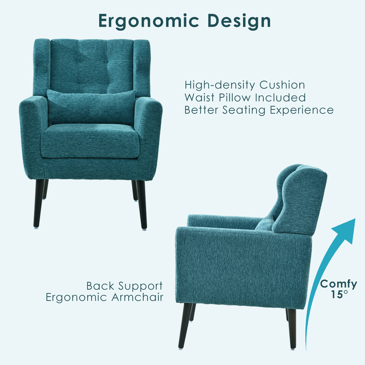 Sillón moderno con acento tapizado y relleno de espuma para sala de estar, cómodo sillón de lectura, moderno de mediados de siglo con tela de chenilla, sillón para sala de estar y dormitorio (verde azulado).