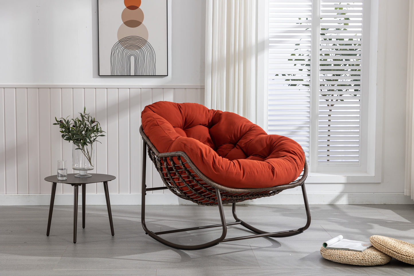 Mecedora de ratán para exterior, con cojín acolchado, reclinable, para porche, sala de estar, patio y jardín, color naranja