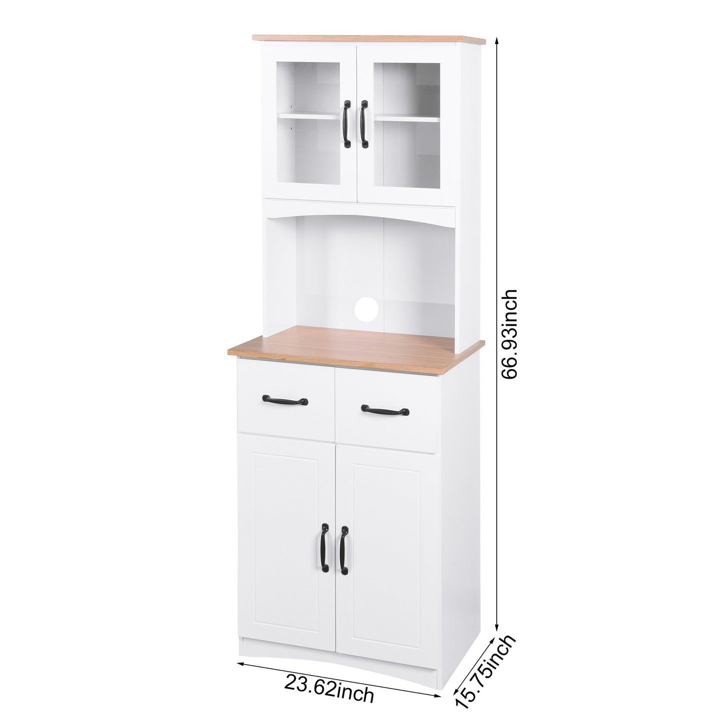 Gabinete de cocina de madera blanco para despensa, armario para microondas con puertas de vidrio enmarcadas y cajón.