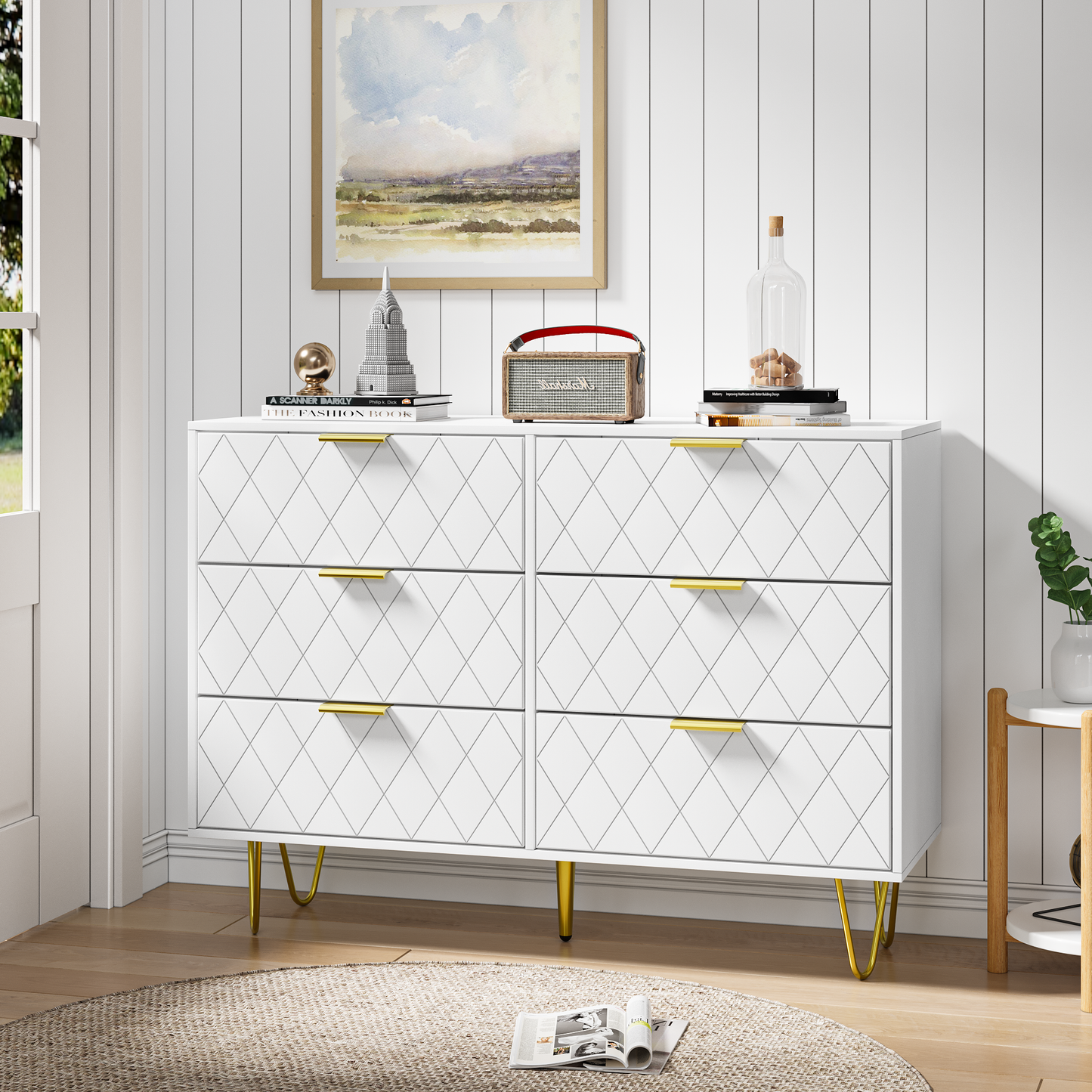 Modern white 6 Drawers for Bedroom, Small Size Wooden drawers with Gold Handles, Chest Dresser with Deep Drawers for living room