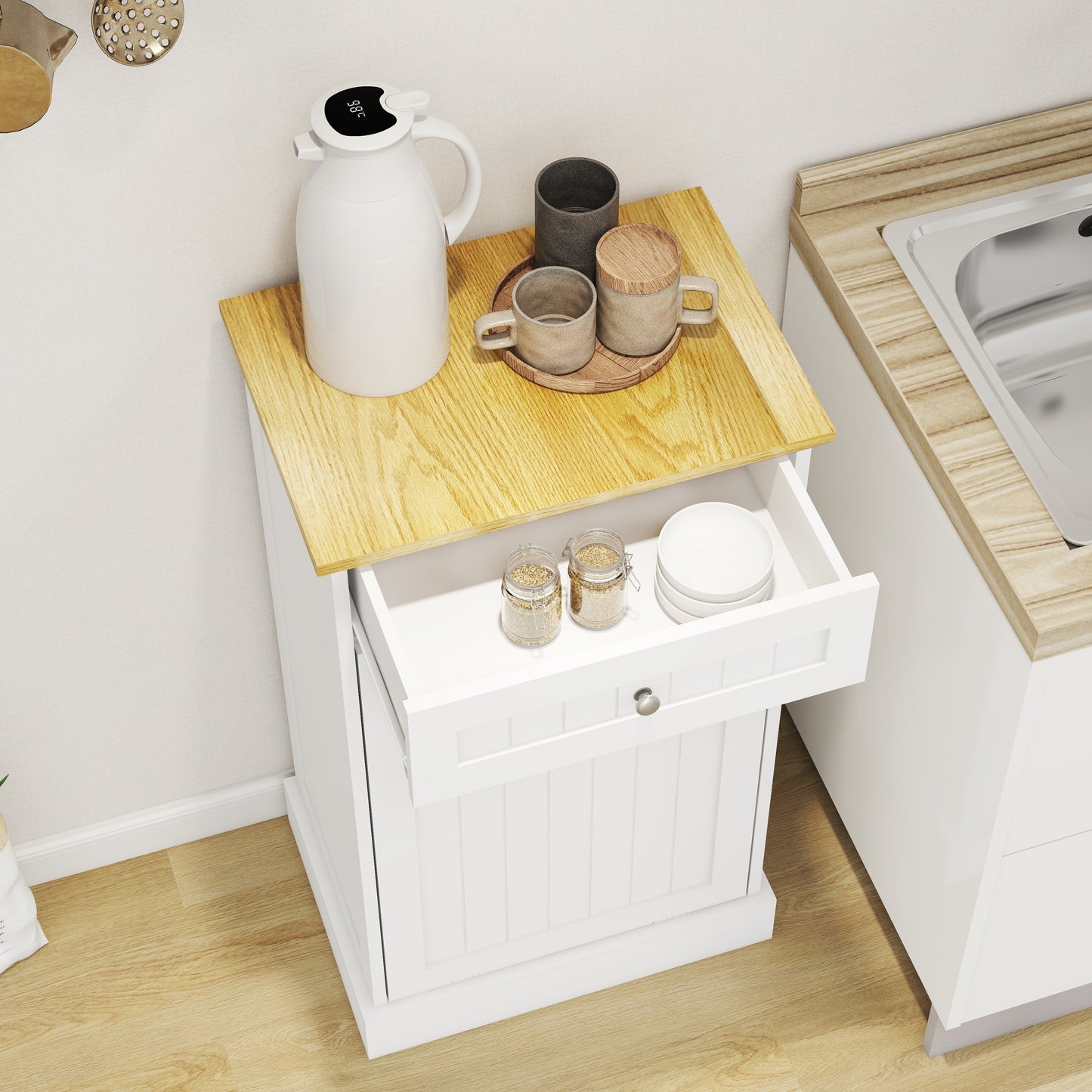 Gabinete de basura abatible con un cajón y un compartimento para cocina, color blanco