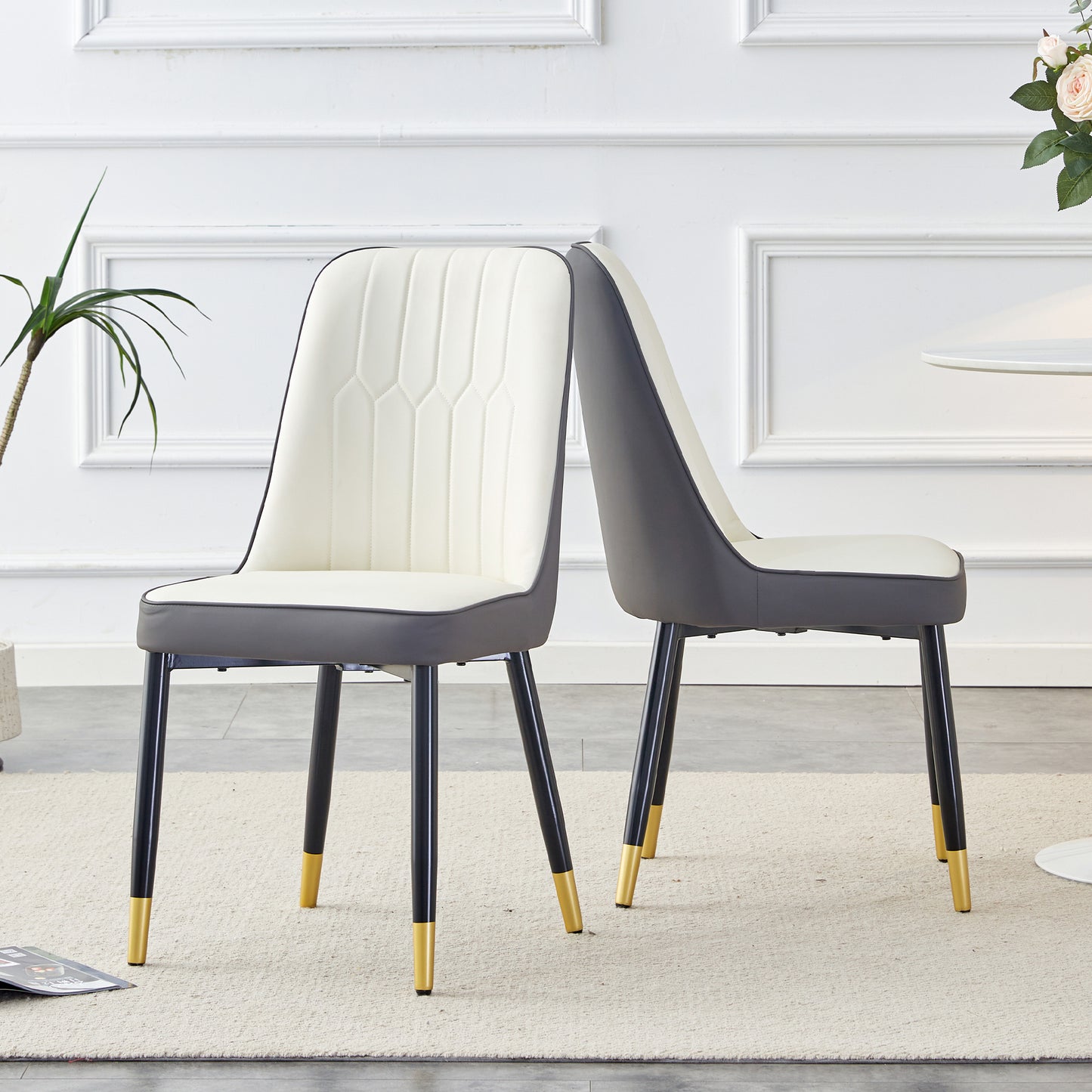 Large modern minimalist rectangular dining table with 0.39 "imitation marble black tabletop and golden metal legs, paired with chairs with PU cushions and black metal legs. F-1538 C-007