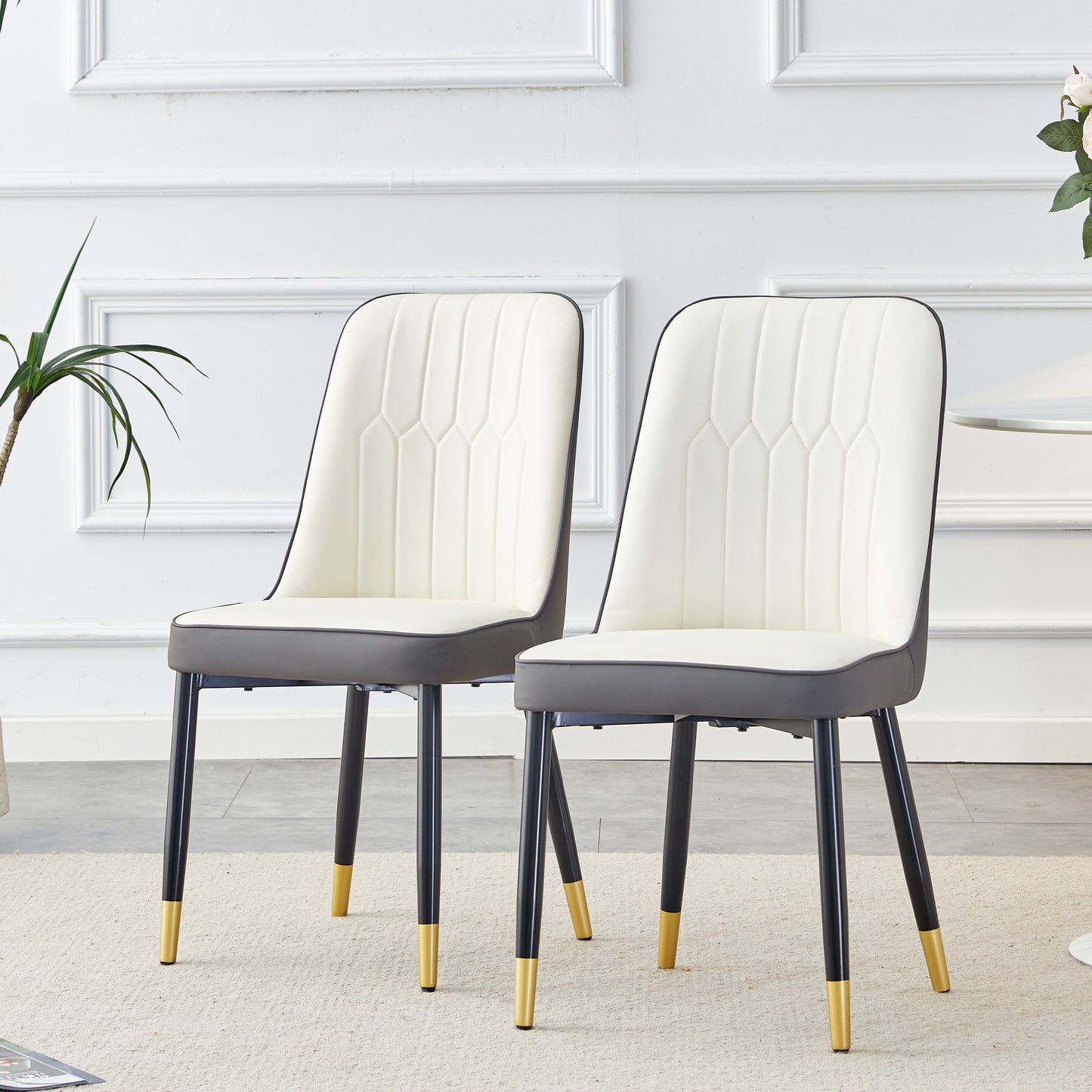 Large modern minimalist rectangular dining table with 0.39 "imitation marble black tabletop and golden metal legs, paired with chairs with PU cushions and black metal legs. F-1538 C-007