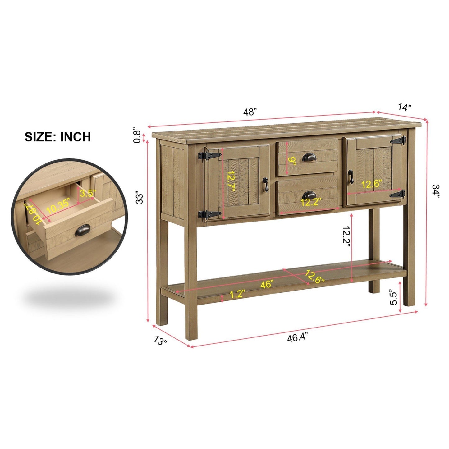 Aparador de madera maciza de 48 pulgadas con 2 cajones, gabinetes y estante inferior, estilo retro, para comedor, sala de estar, cocina y comedor (rústico).