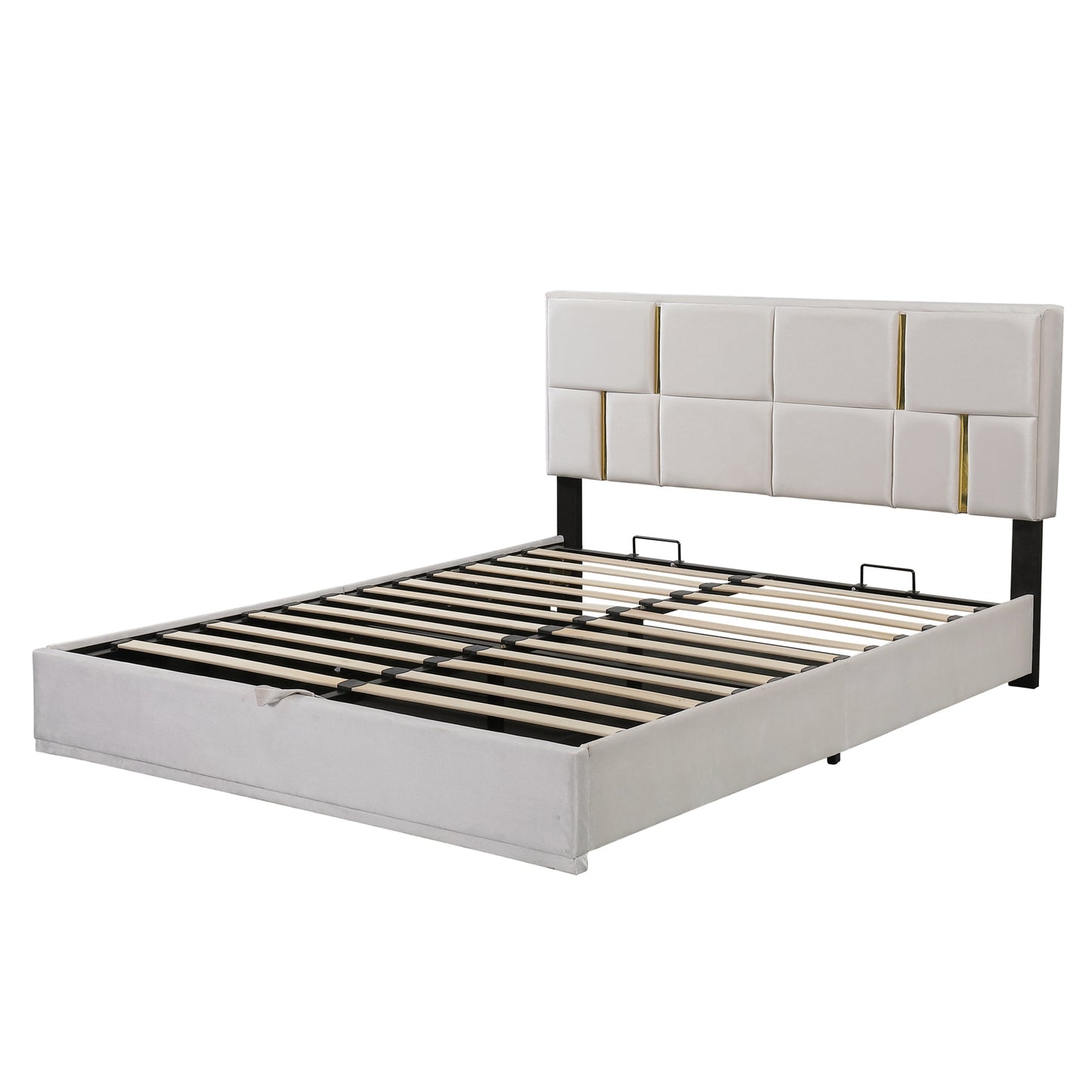 Juego de dormitorio de 2 piezas, cama Queen con plataforma tapizada y sistema de almacenamiento hidráulico, otomana con patas de metal, color beige.