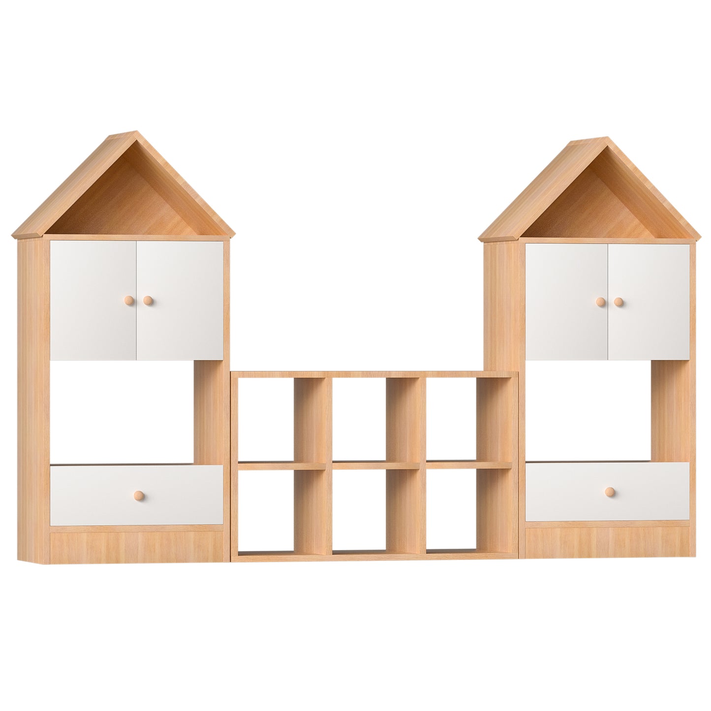 Estantería infantil versátil con diseño en forma de casa, almacenamiento multifuncional para libros y juguetes, ubicación ajustable, organizador infantil duradero para sala de juegos o dormitorio, fácil de montar y seguro para niños.