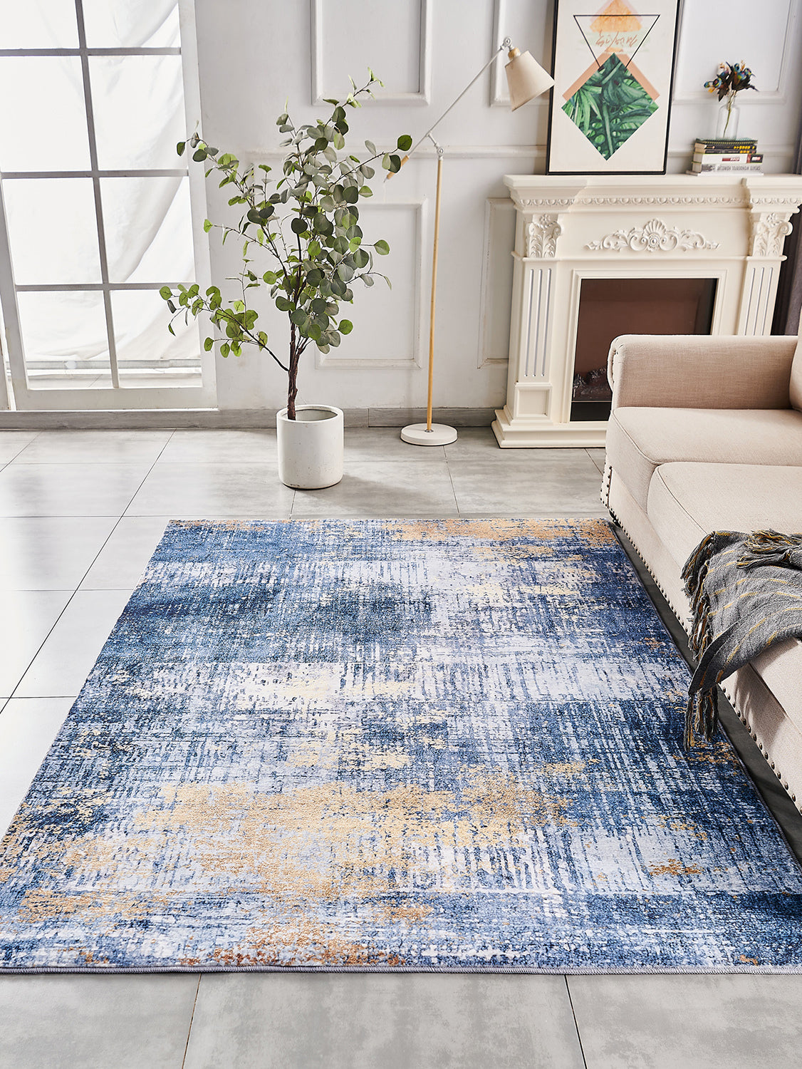ZARA Collection Abstract Design Blue Gold (6' ft x 4' ft) Machine Washable Super Soft Area Rug