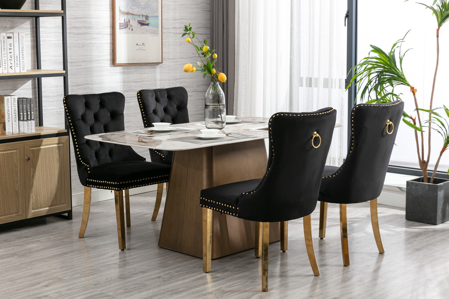 A&A Furniture,Nikki Collection Modern, High-end Tufted Solid Wood Contemporary Velvet Upholstered Dining Chair with Golden Stainless Steel Plating Legs,Nailhead Trim,Set of 2,Black and Gold, SW1601BK