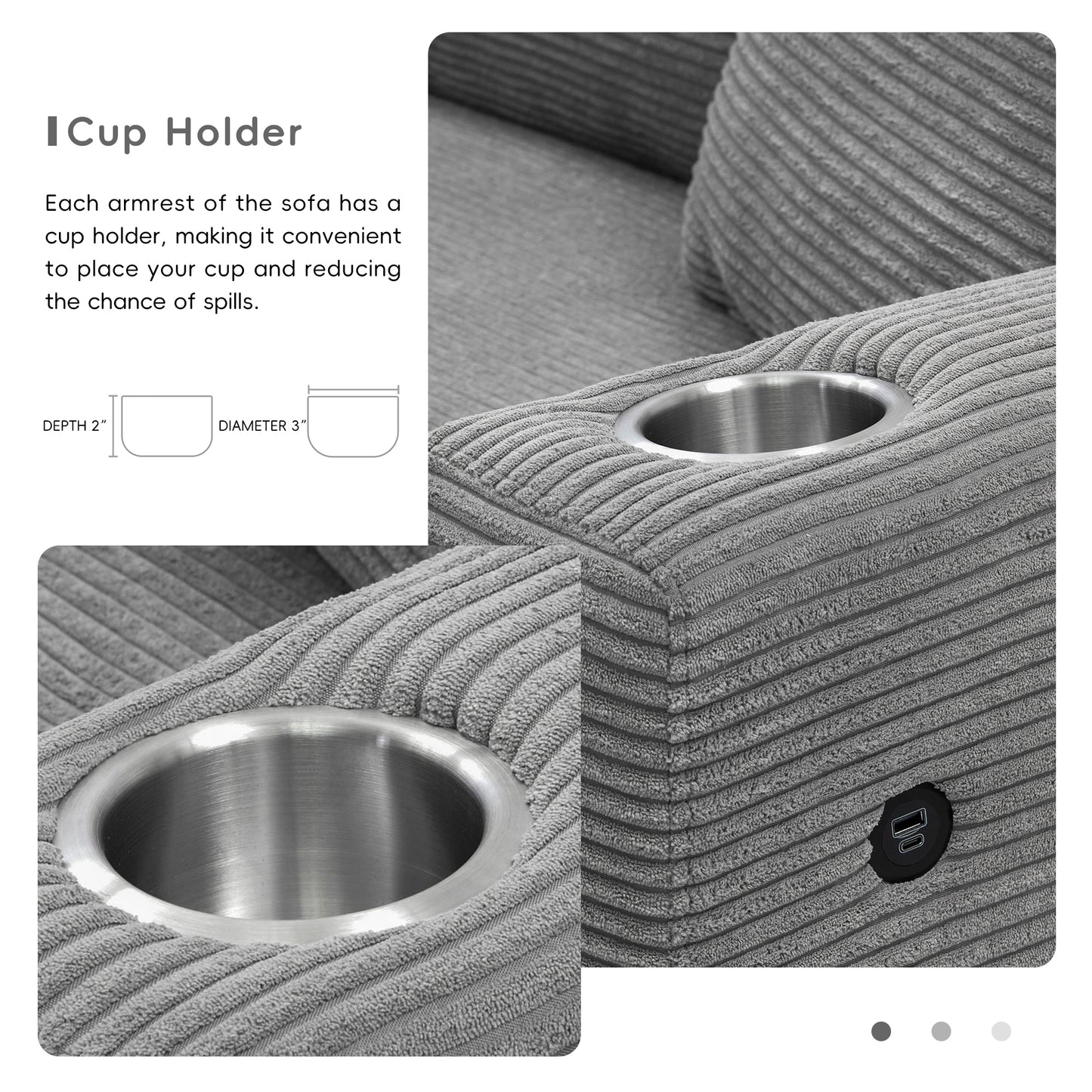 Sofá seccional extragrande de pana de 134 x 54 pulgadas, sofá nube en forma de L con puerto de carga USB, portavasos, sofá cama profundo con chaise longue de 50 pulgadas, cómodo mueble de interior para sala de estar, 3 colores