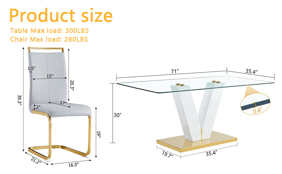 Table and chair set.Subtle Luxury Clear Tempered Glass Dining Set - 71"x35.4" with 6 Light Gray PU Chairs.C-tube Gold Metal Chair Legs.Bring a comfortable home experience to the kitchen, bedroom.