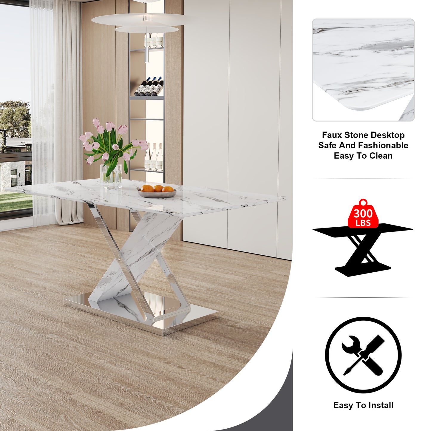 Table and chair set, modern dining table, imitation marble white top and silver legs, soft and comfortable dining chair, perfect for dinner, meetings, home and office decor
