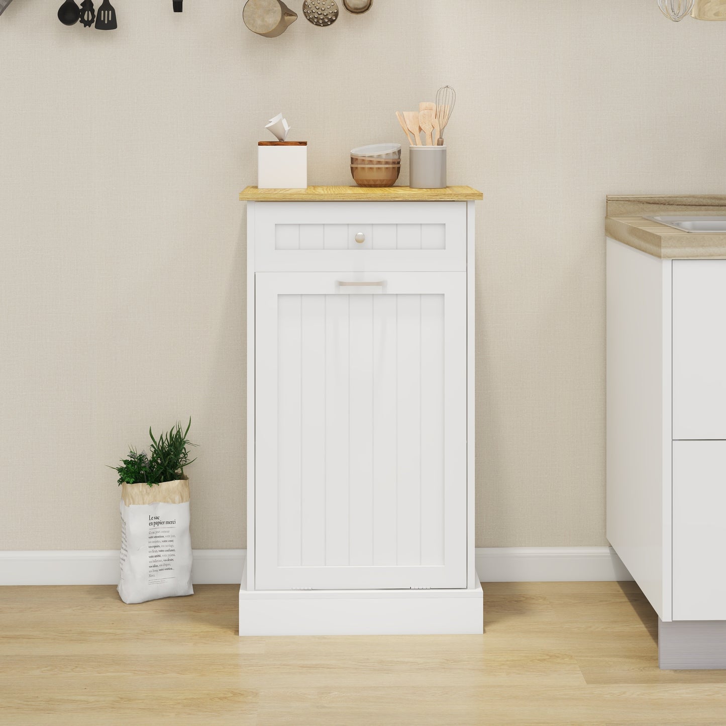 Gabinete de basura abatible con un cajón y un compartimento para cocina, color blanco