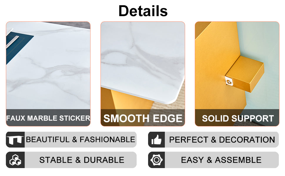 Table and chair set.Large modern rectangular table with 0.4 inch patterned glass tabletop and large MDF table legs.Comes with 6 chairs with faux leather cushioned seats and golden metal legs.