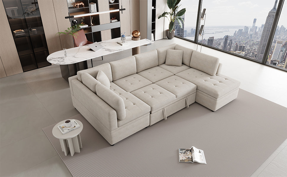 Sofá seccional extragrande de 117.3" en forma de U, sofá cama extraíble con dos cojines para sala de estar, color beige