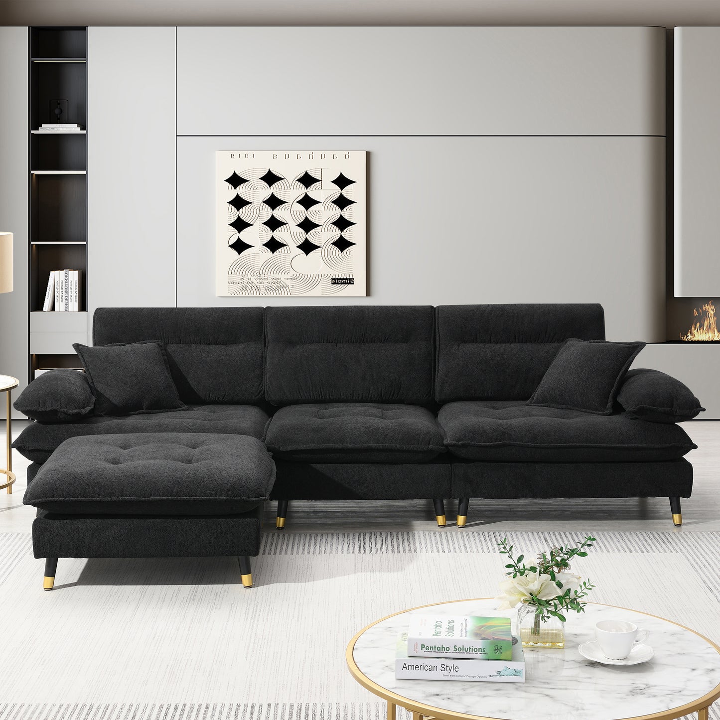 106*66.5" L shaped Convertible Sectional Sofa,4 Seat Tufted Couch Set with Two-tone Adjust Legs,Cloud Chenille Fabric,Movable Ottoman for Living Room, Apartment,Office,3 Colors
