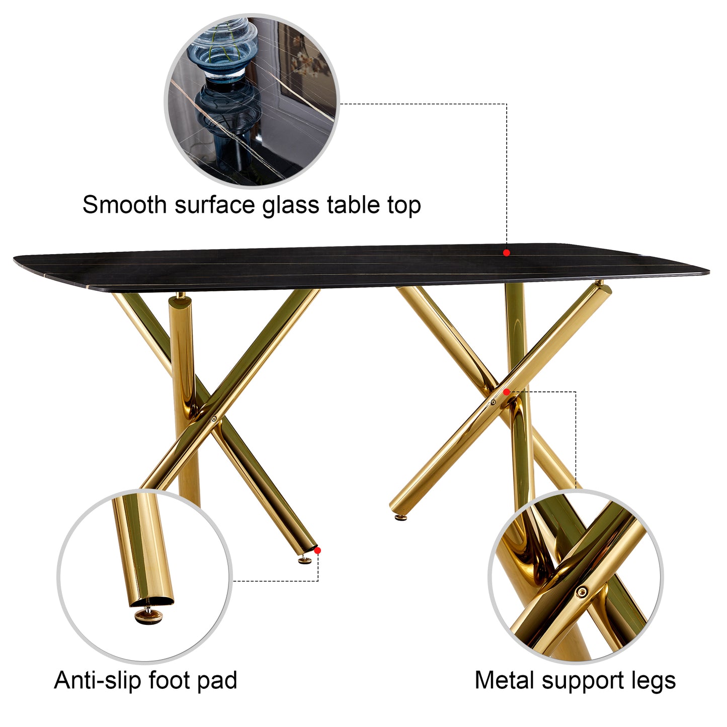 Large modern minimalist rectangular dining table with 0.39 "imitation marble black tabletop and golden metal legs, paired with chairs with PU cushions and black metal legs. F-1538 C-007