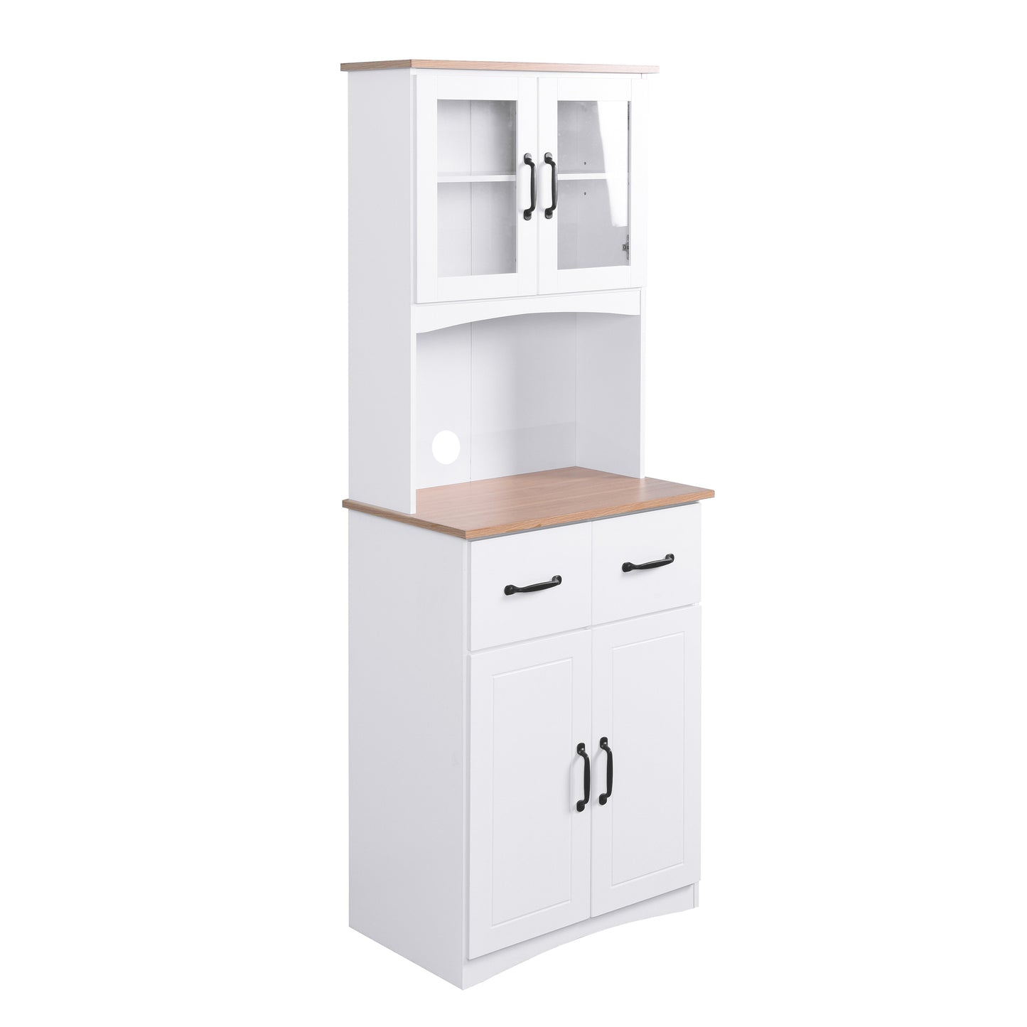 Gabinete de cocina de madera blanco para despensa, armario para microondas con puertas de vidrio enmarcadas y cajón.