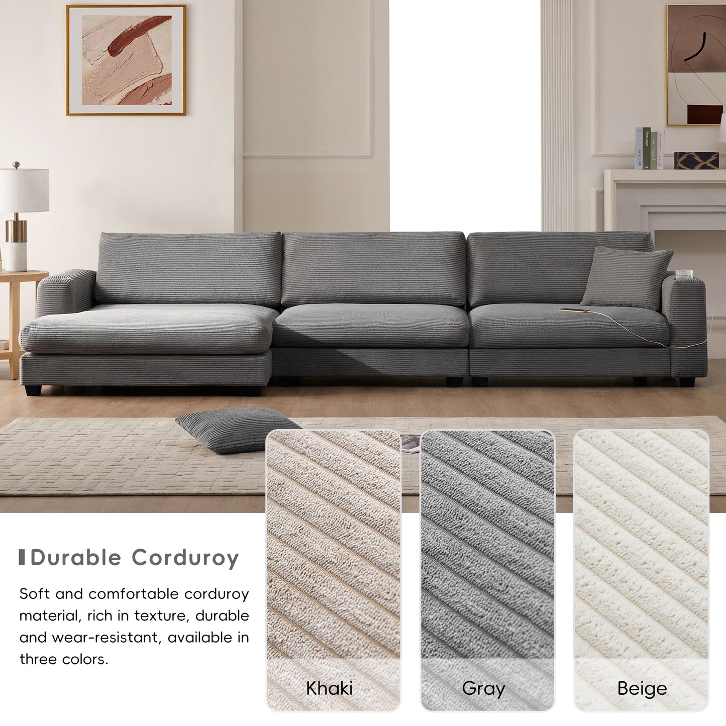 Sofá seccional extragrande de pana de 134 x 54 pulgadas, sofá nube en forma de L con puerto de carga USB, portavasos, sofá cama profundo con chaise longue de 50 pulgadas, cómodo mueble de interior para sala de estar, 3 colores