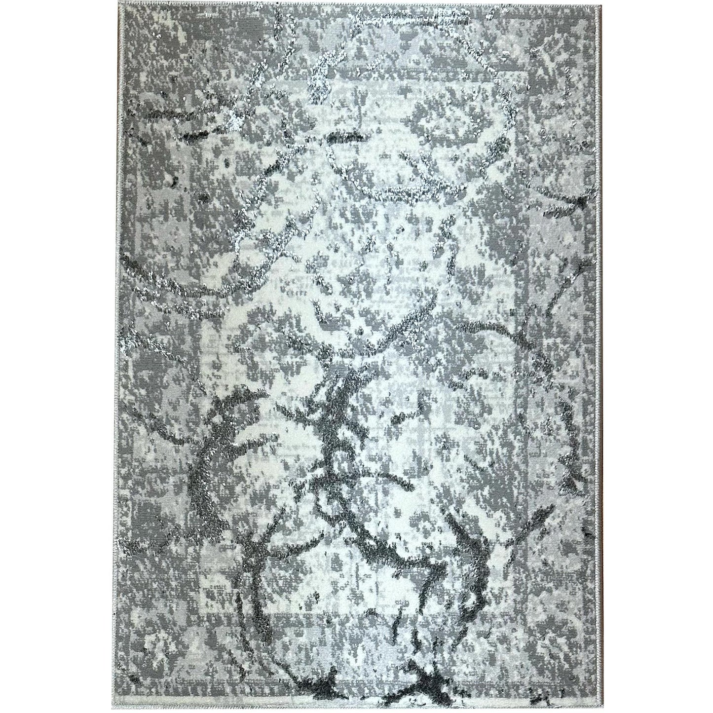 Penina (7.5' ft x 5' ft) Luxury Area Rug in Gray with Silver Circles Abstract Design