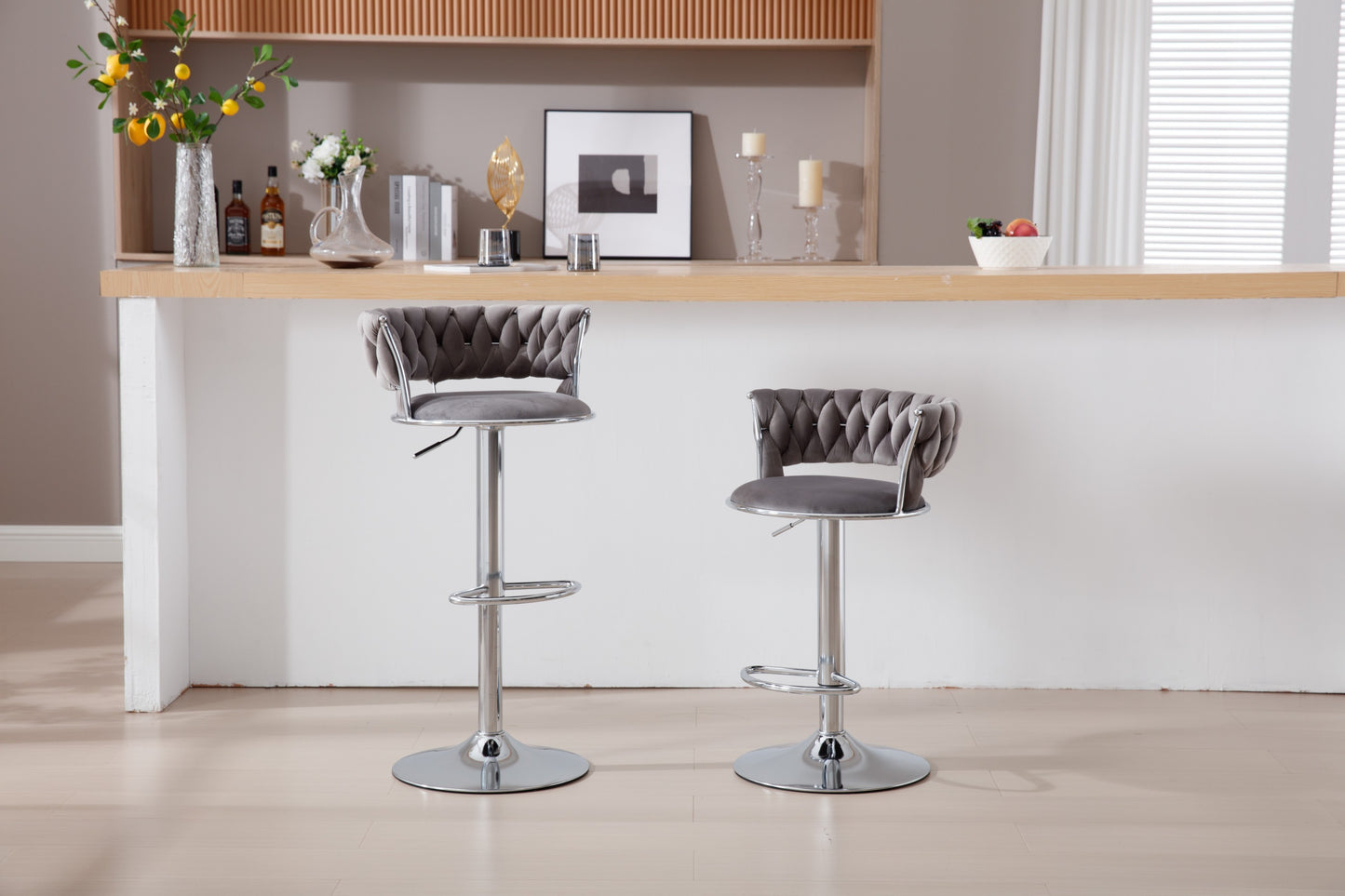 Set of 2 Bar Stools,with Chrome Footrest and Base Swivel Height Adjustable Mechanical Lifting Velvet + Bar Stool-GREY
