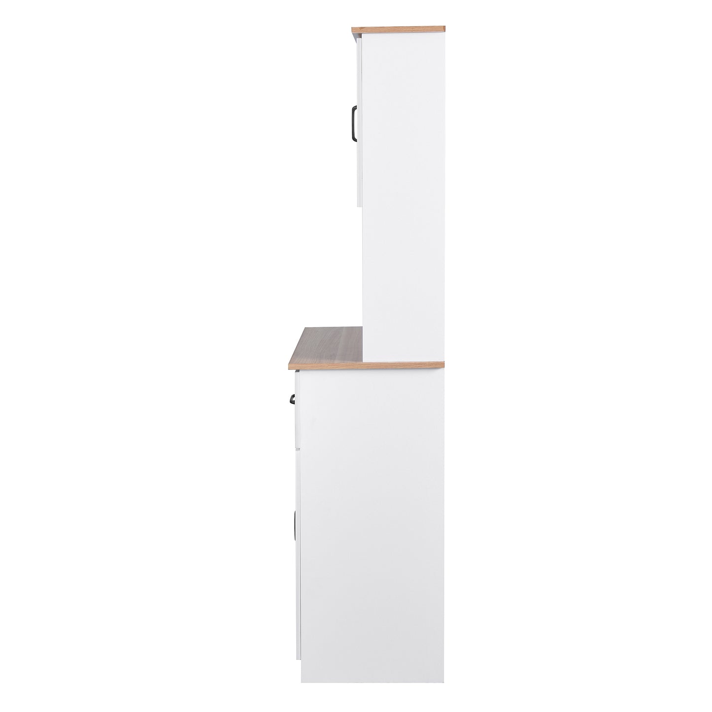 Gabinete de cocina de madera blanco para despensa, armario para microondas con puertas de vidrio enmarcadas y cajón.