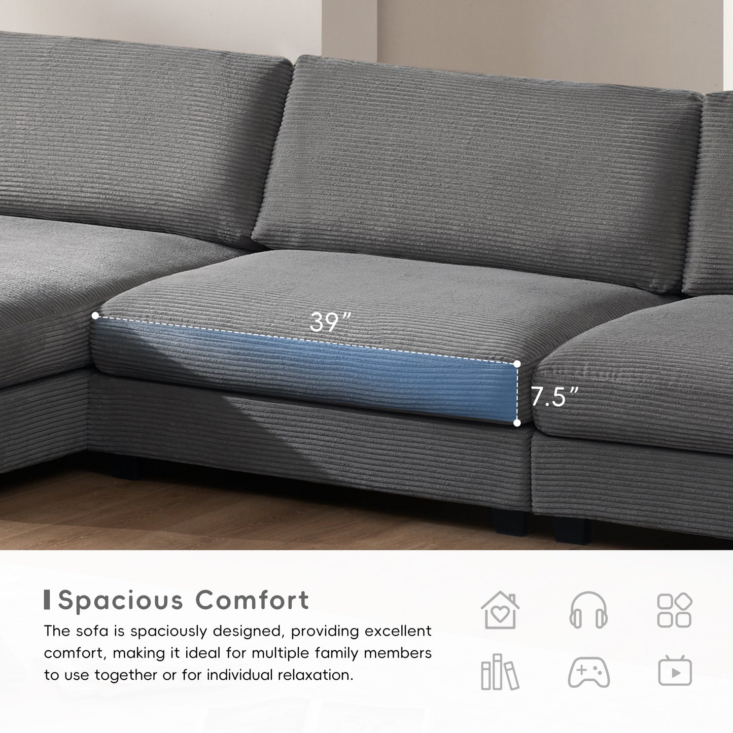 Sofá seccional extragrande de pana de 134 x 54 pulgadas, sofá nube en forma de L con puerto de carga USB, portavasos, sofá cama profundo con chaise longue de 50 pulgadas, cómodo mueble de interior para sala de estar, 3 colores