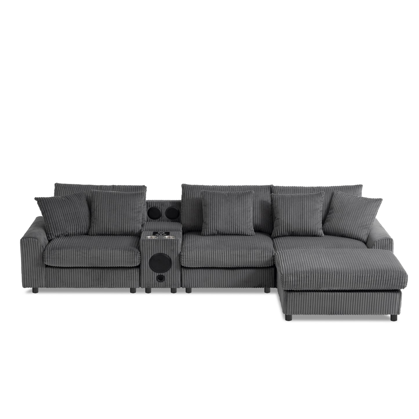 114*64'' Corduroy Sectional Sofa with Bluetooth Speakers,L Shaped Couch with Console,USB Charger,Cup Holders,Storage,Ottoman,Deep and Wide Seat Cloud Sofa for Living Room,Apartment,2 Colors
