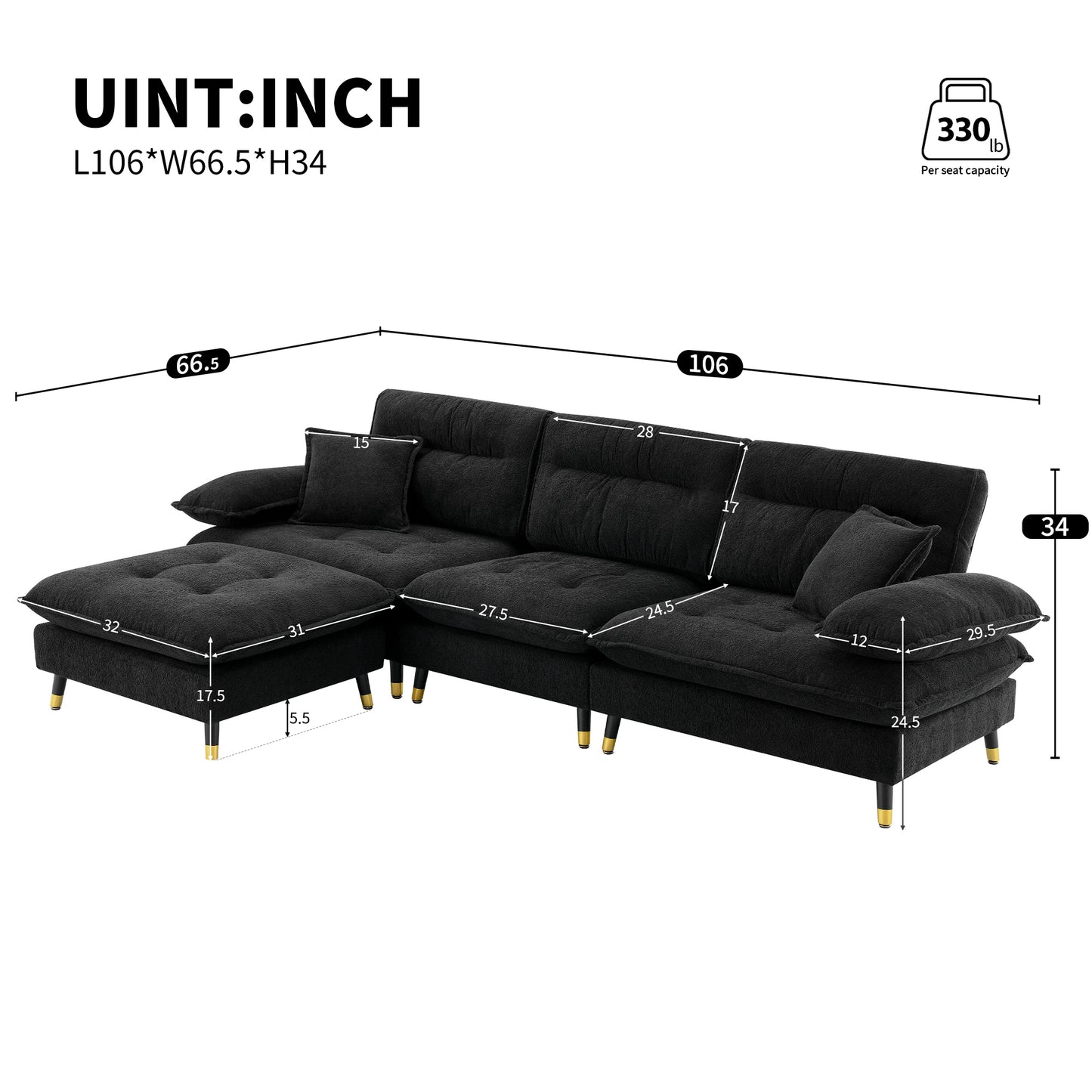 106*66.5" L shaped Convertible Sectional Sofa,4 Seat Tufted Couch Set with Two-tone Adjust Legs,Cloud Chenille Fabric,Movable Ottoman for Living Room, Apartment,Office,3 Colors