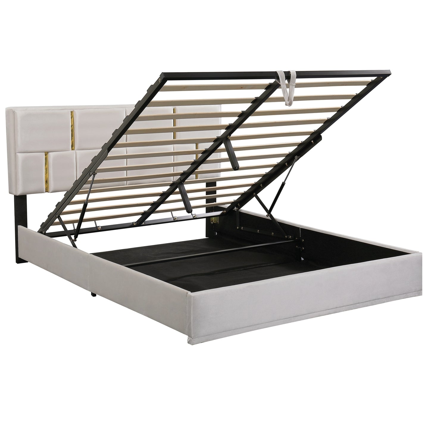 Juego de dormitorio de 2 piezas, cama Queen con plataforma tapizada y sistema de almacenamiento hidráulico, otomana con patas de metal, color beige.