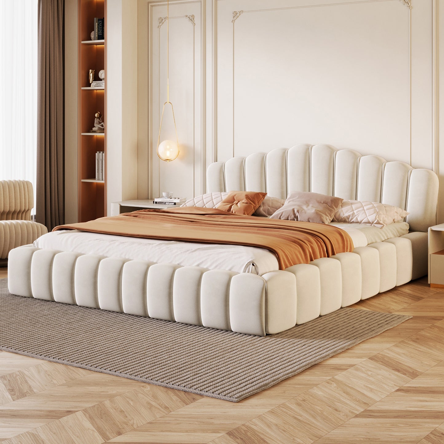 Cama Queen tapizada en terciopelo con cabecero en forma de concha para dormitorio (no necesita somier), color beige