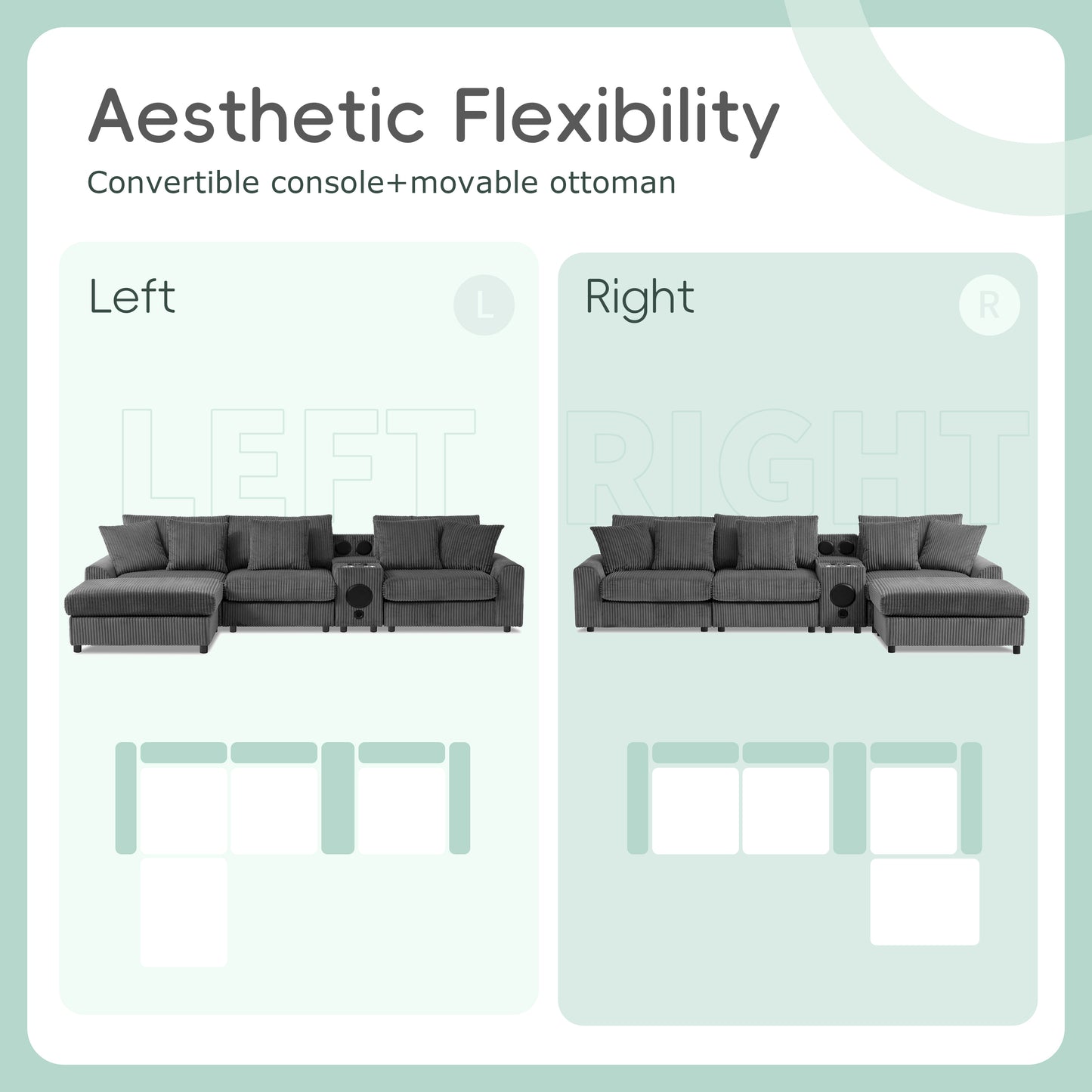 114*64'' Corduroy Sectional Sofa with Bluetooth Speakers,L Shaped Couch with Console,USB Charger,Cup Holders,Storage,Ottoman,Deep and Wide Seat Cloud Sofa for Living Room,Apartment,2 Colors