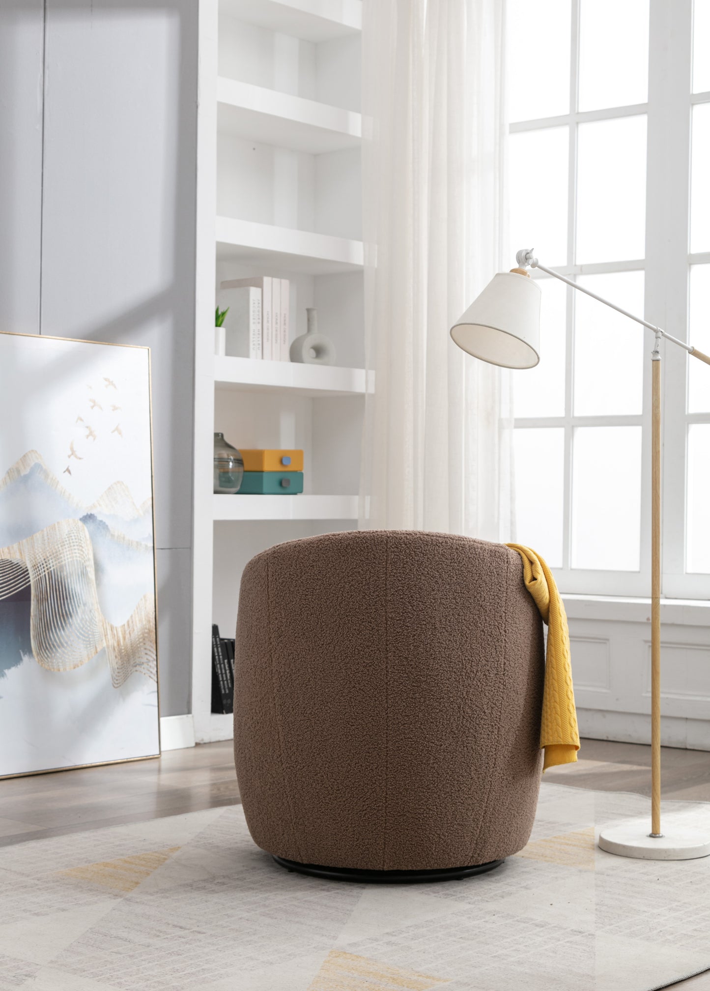 Teddy Fabric Swivel Accent Armchair Barrel Chair With Black Powder Coating Metal Ring,Coffee Brown