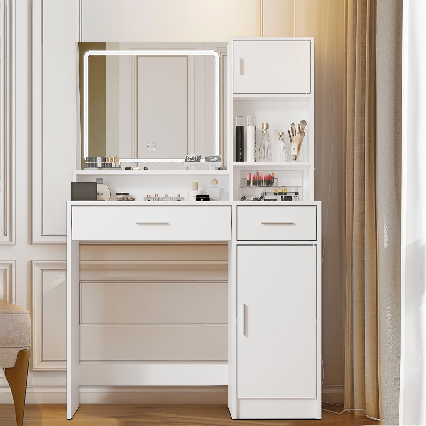 Tocador con espejo y tira de luz LED, tocador con cajón grande, 3 niveles de almacenamiento y 3 modos de iluminación con brillo ajustable, ideal para dormitorio (blanco)