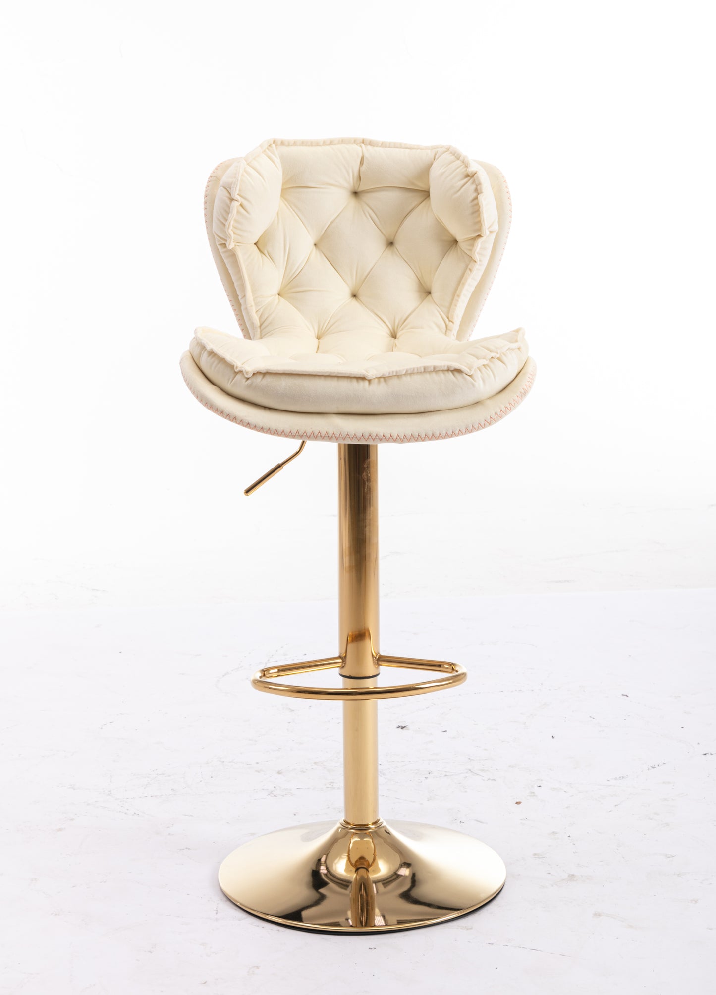 Set of 2 Bar Stools,with Chrome Footrest and Base Swivel Height Adjustable Mechanical Lifting Velvet + Golden Leg Simple Bar Stool-cream