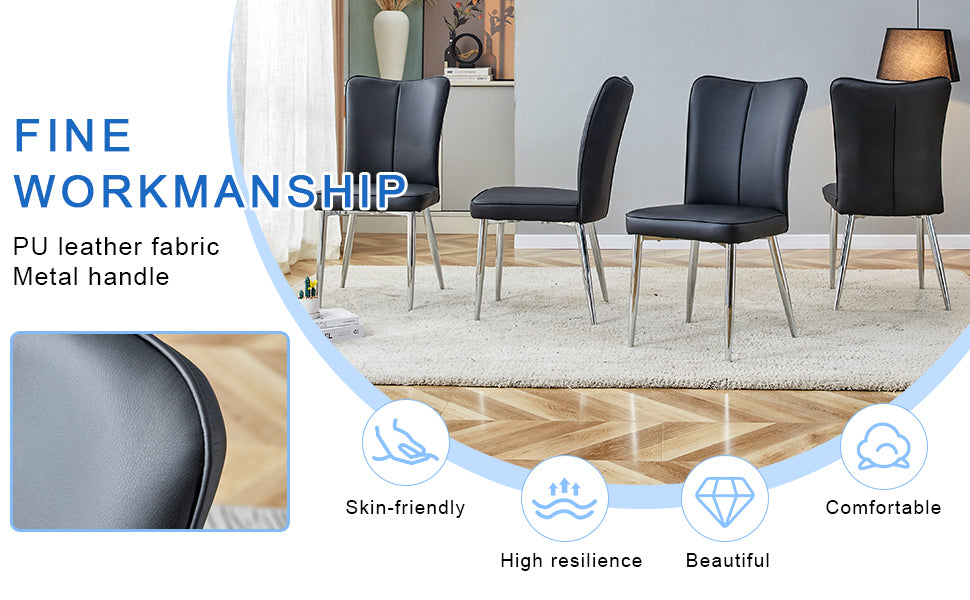 Table and chair set.Elegant Transparent Tempered Glass Dining Set - 71"x35.4" with 6 Black PU Chairs with a vertical stripe design on the backrest.