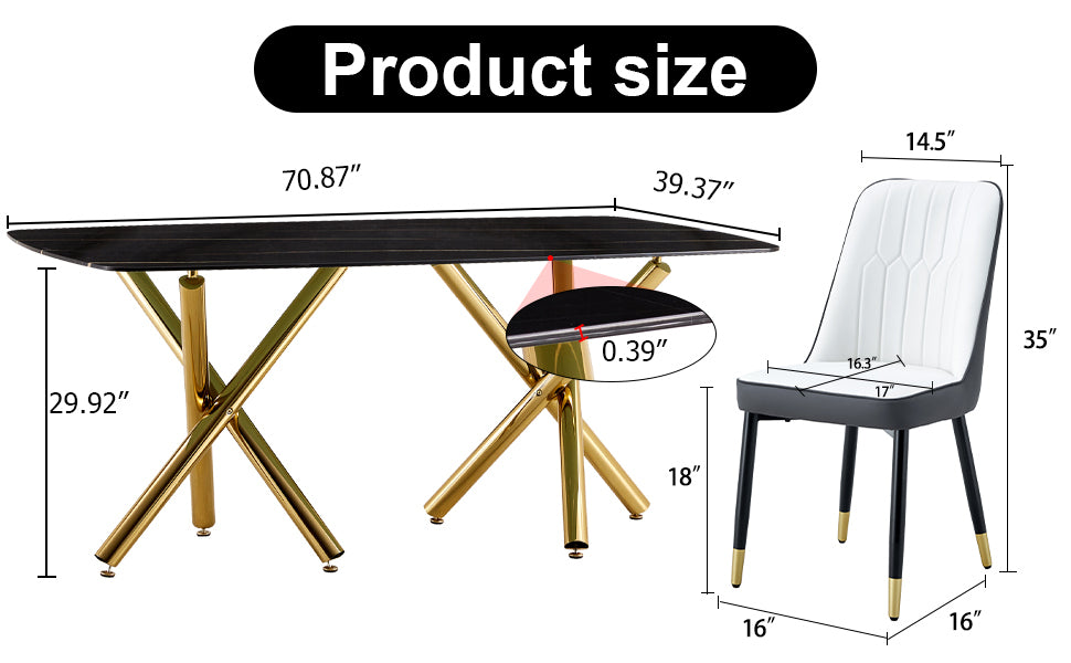 Large modern minimalist rectangular dining table with 0.39 "imitation marble black tabletop and golden metal legs, paired with chairs with PU cushions and black metal legs. F-1538 C-007