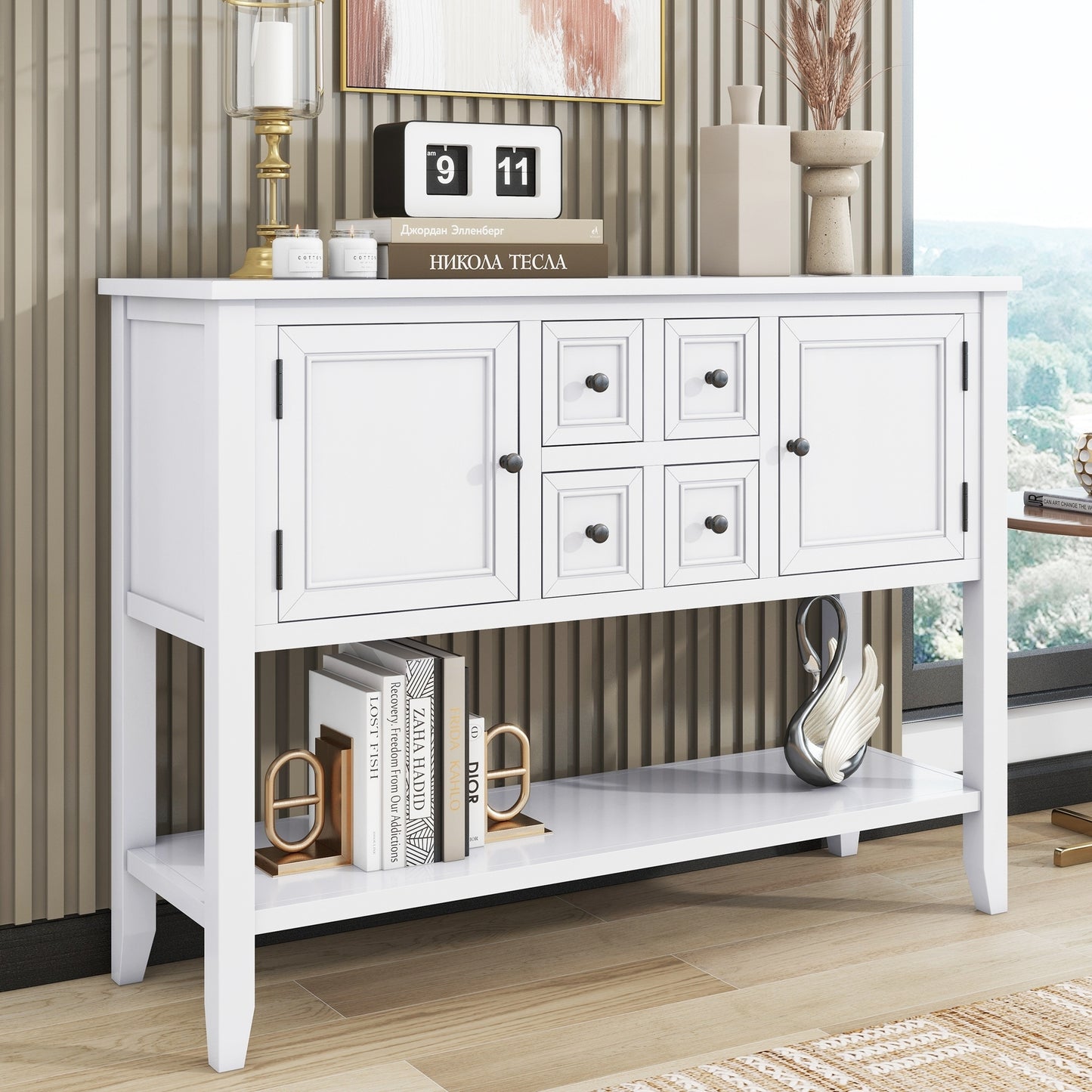 TREXM Cambridge Series Ample Storage Vintage Console Table with Four Small Drawers and Bottom Shelf for Living Rooms, Entrances and Kitchens (White, OLD SKU: WF190263AAA)