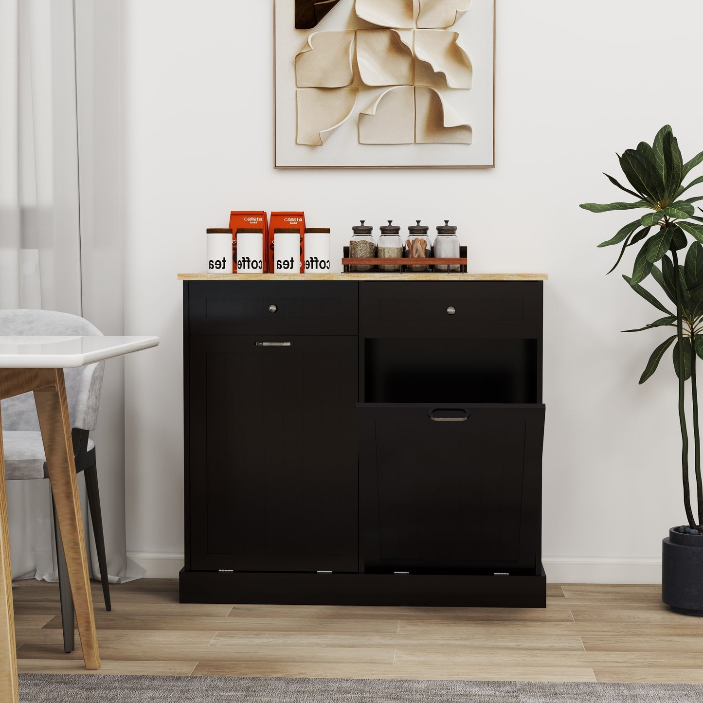 Gabinete de basura abatible con dos cajones y dos compartimentos Gabinete de basura de cocina - Negro