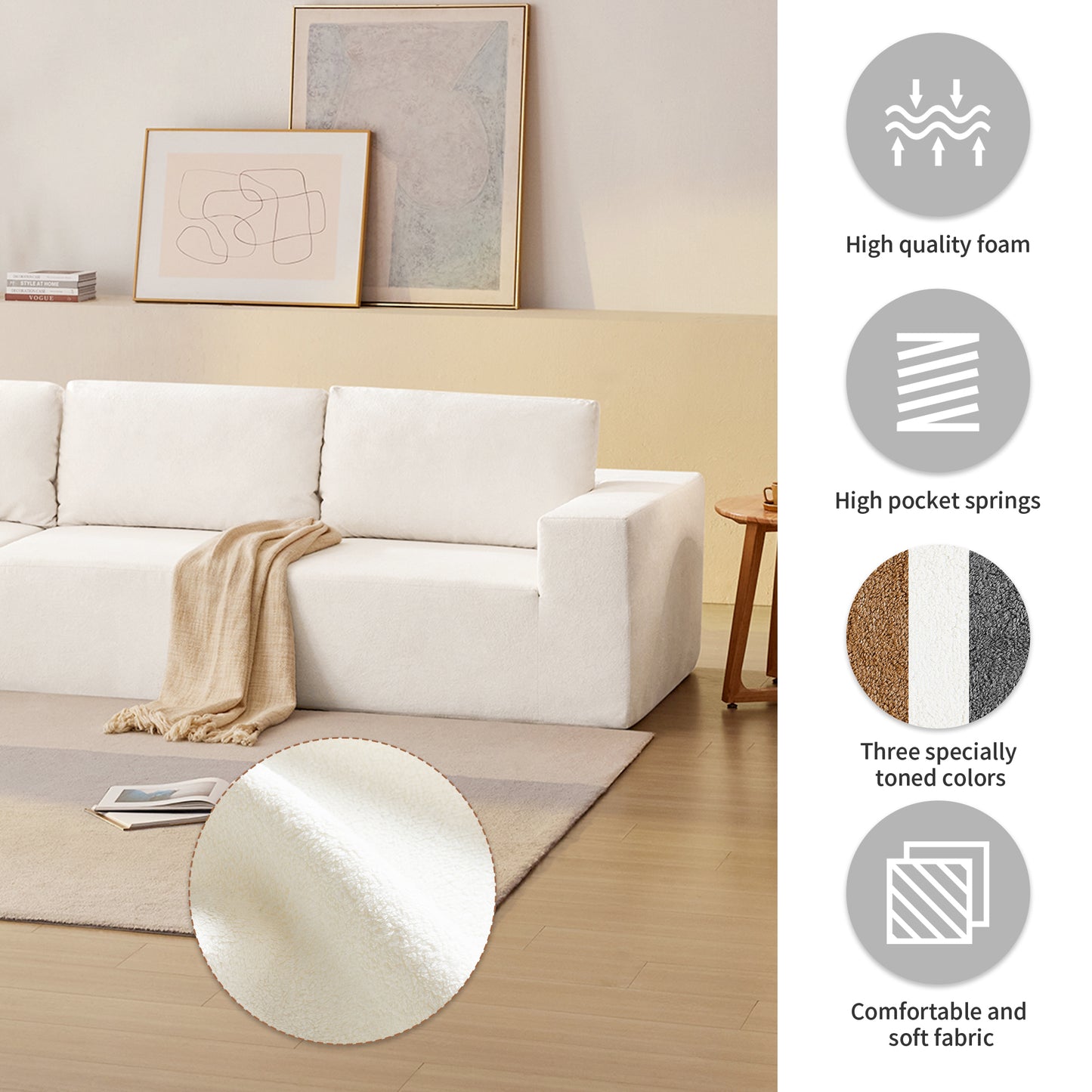 Sofá modular seccional en forma de L de 116 x 116 pulgadas, juego de sofá de piso de lujo, muebles de interior tapizados, sofá de espuma comprimida para sala de estar y dormitorio, combinación de 5 piezas, 3 colores