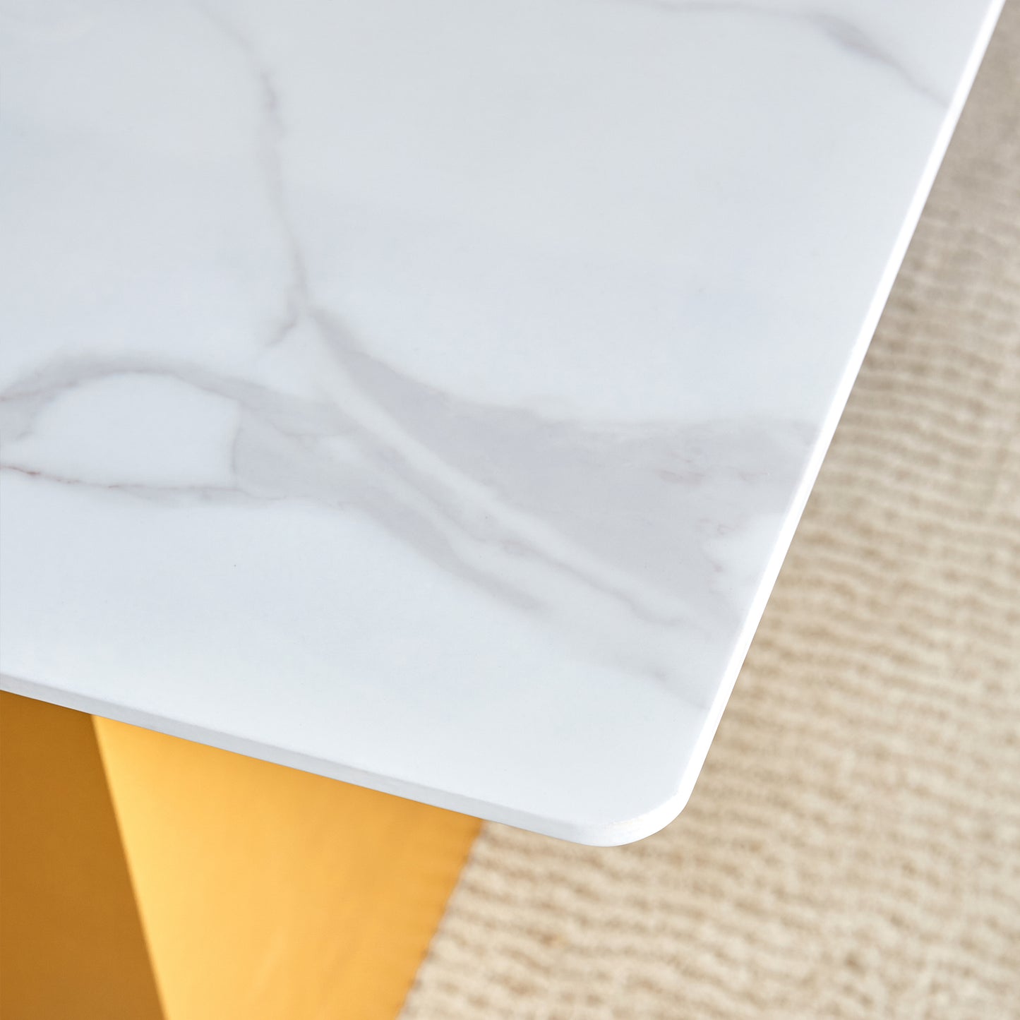 Table and chair set.Large modern rectangular table with 0.4 inch patterned glass tabletop and large MDF table legs.Comes with 6 chairs with faux leather cushioned seats and golden metal legs.