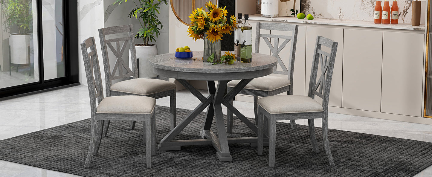 TREXM 5-Piece Retro Functional Dining Table Set Extendable Round Table and 4 Upholstered Chairs for Dining Room and Living Room (Grey)
