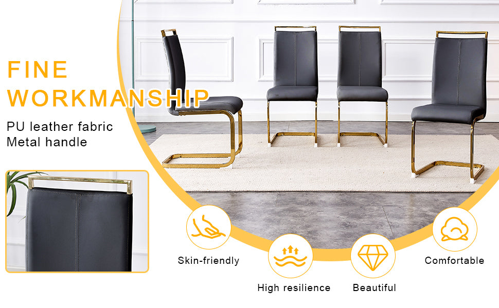 Table and chair set.Elegant Transparent Tempered Glass Dining Set - 71"x35.4" with 6 Black PU Chairs with golden C-tube metal leg.