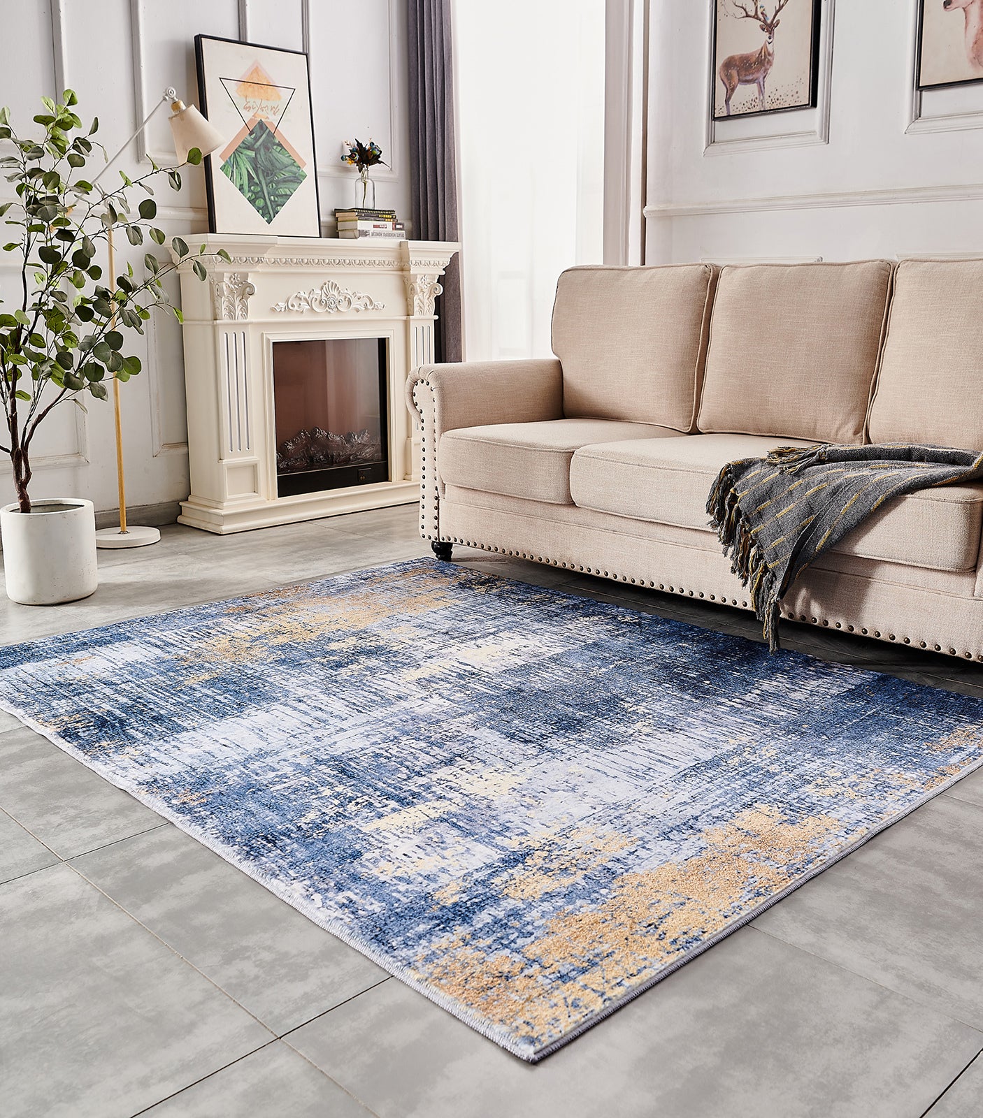 ZARA Collection Abstract Design Blue Gold (6' ft x 4' ft) Machine Washable Super Soft Area Rug