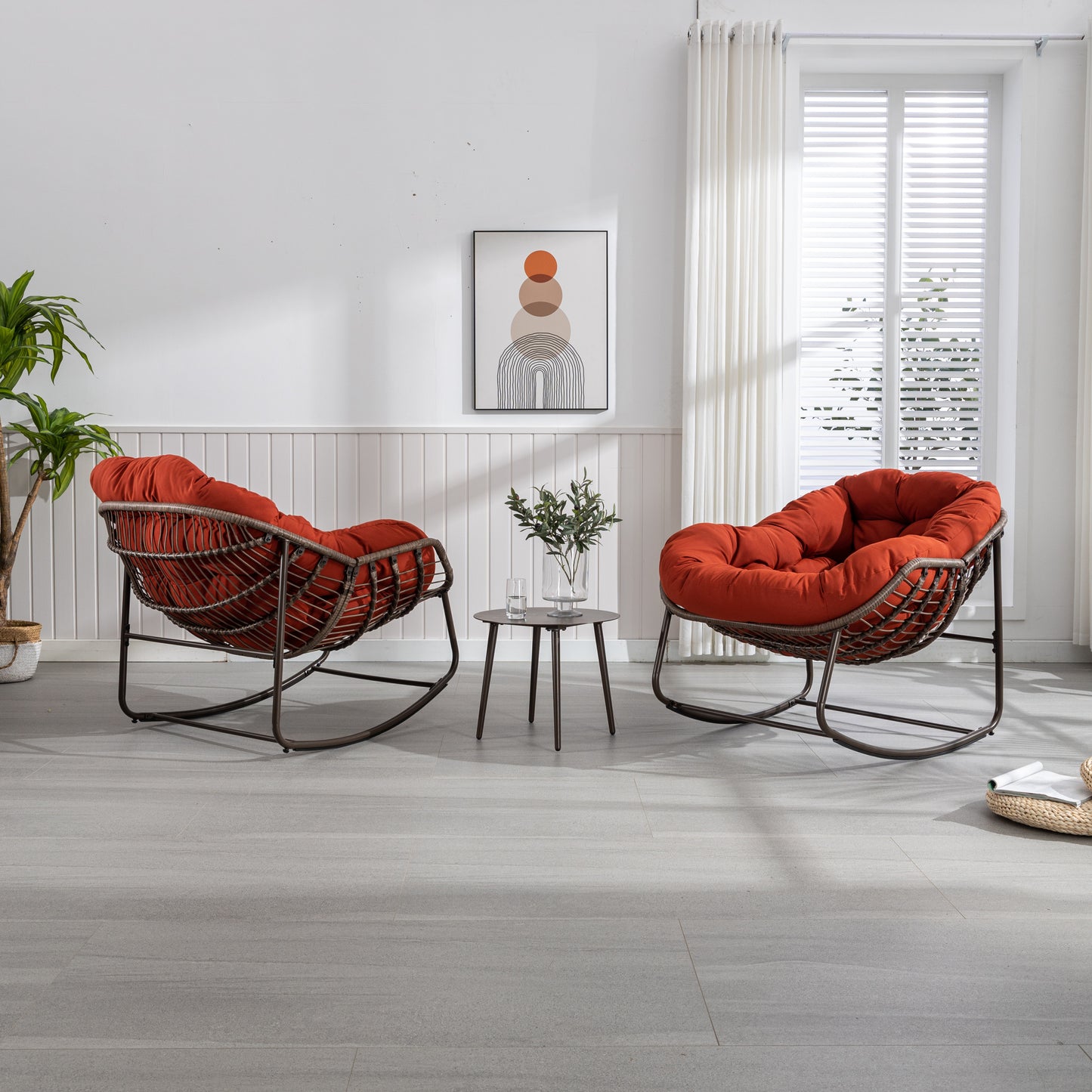 Mecedora de ratán para exterior, con cojín acolchado, reclinable, para porche, sala de estar, patio y jardín, color naranja
