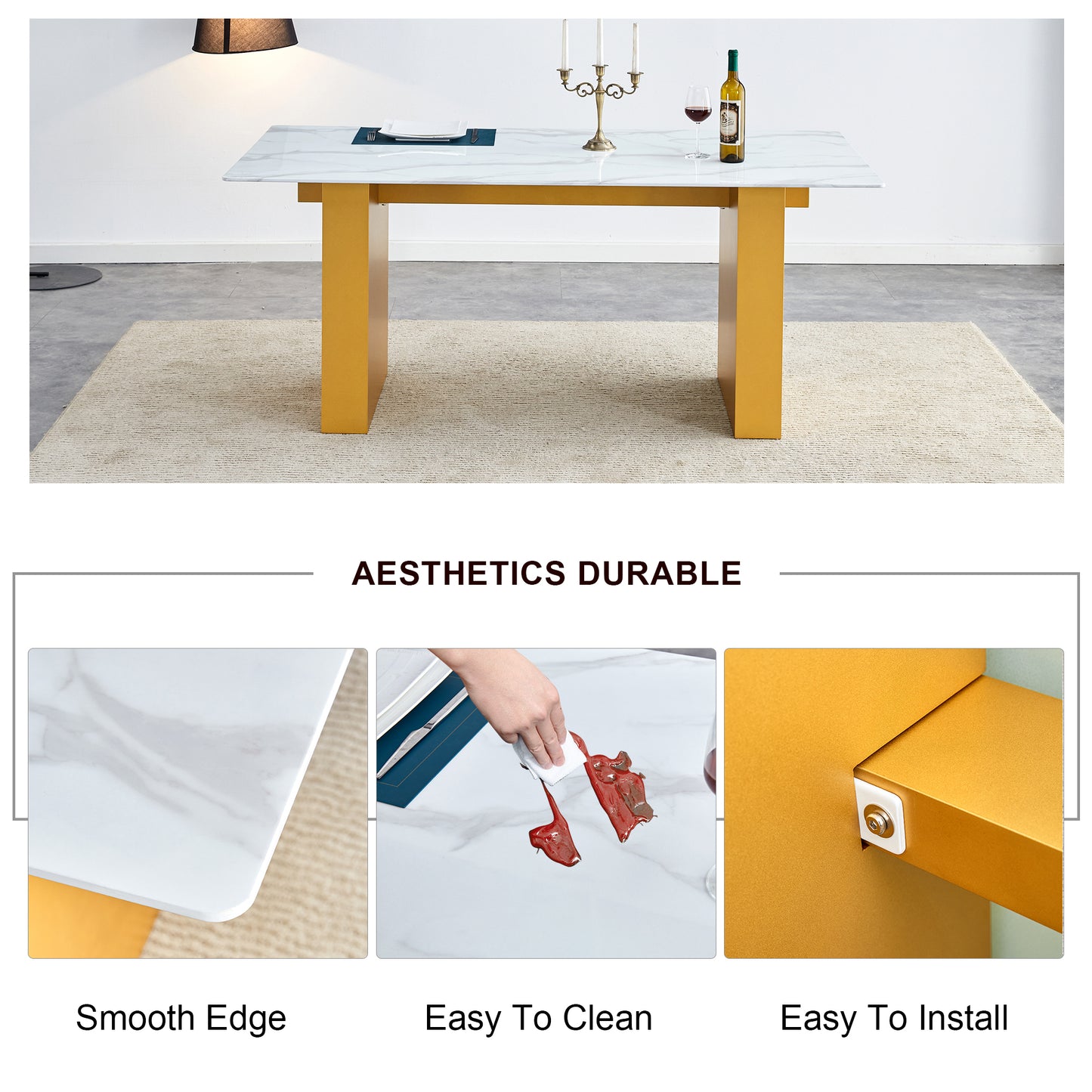 Table and chair set.Large modern rectangular table with 0.4 inch patterned glass tabletop and large MDF table legs.Comes with 6 chairs with faux leather cushioned seats and golden metal legs.