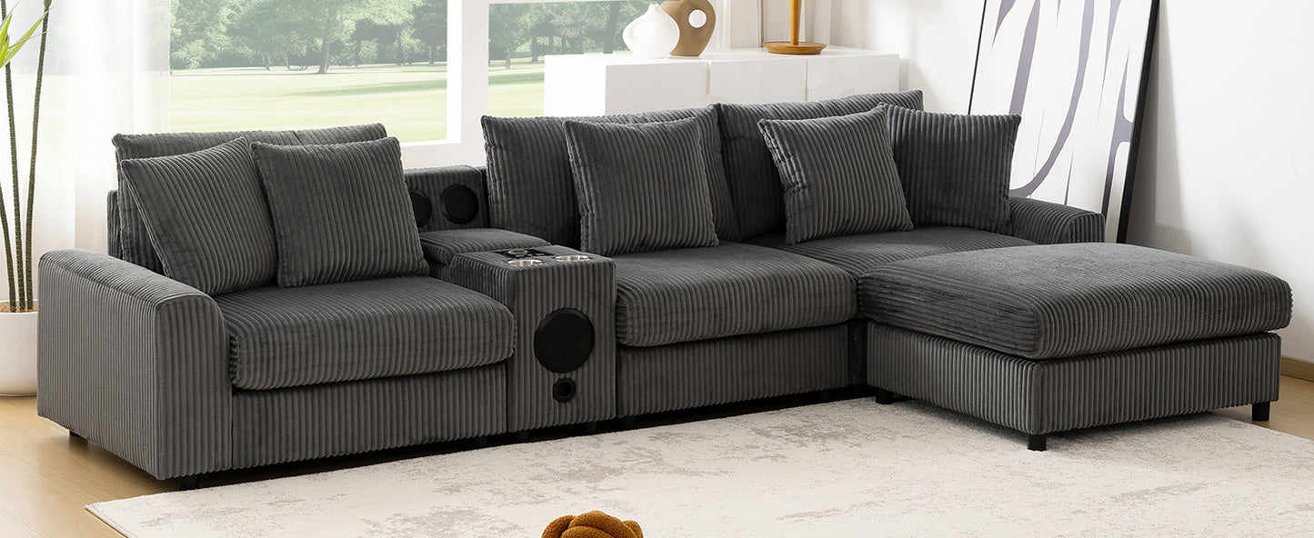 114*64'' Corduroy Sectional Sofa with Bluetooth Speakers,L Shaped Couch with Console,USB Charger,Cup Holders,Storage,Ottoman,Deep and Wide Seat Cloud Sofa for Living Room,Apartment,2 Colors